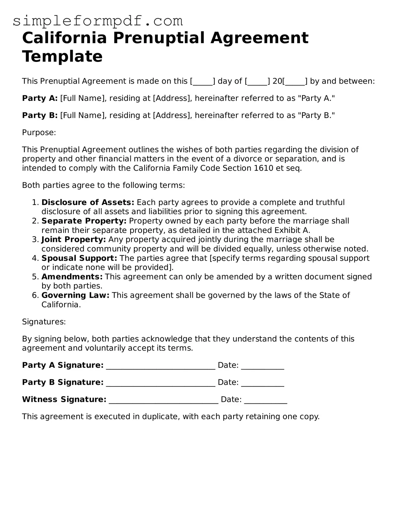 Free Prenuptial Agreement Form for the State of California