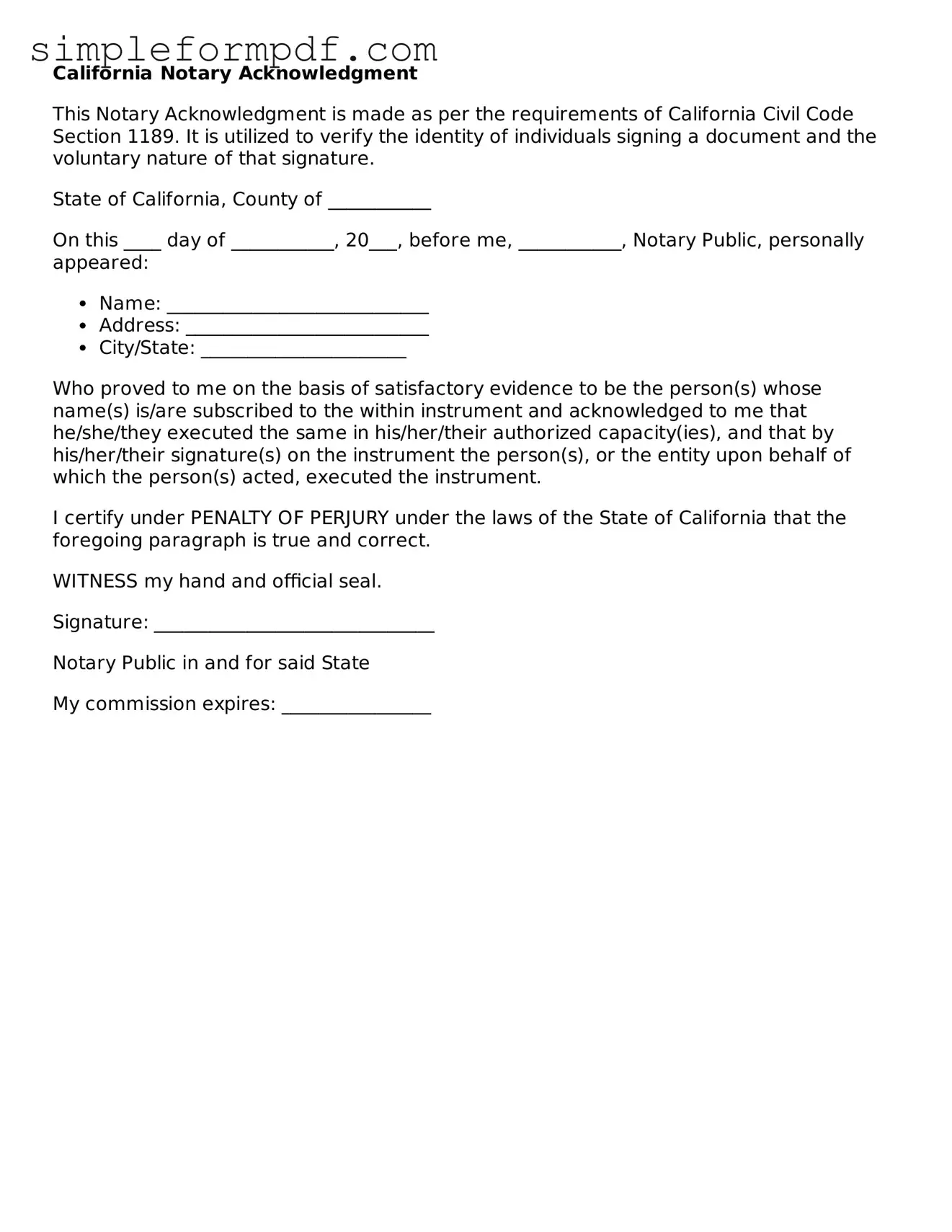 Free Notary Acknowledgement Form for the State of California