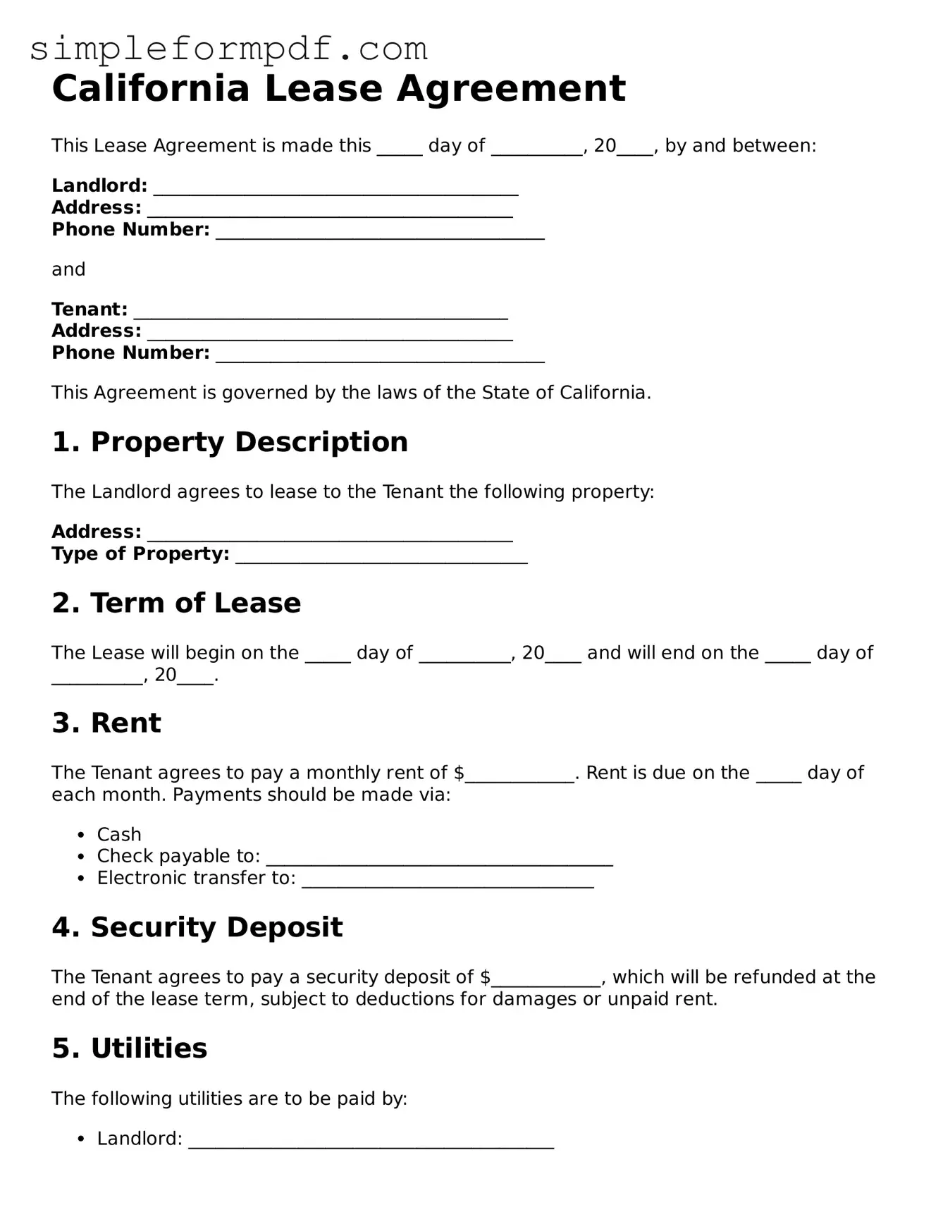 Free Lease Agreement Form for the State of California
