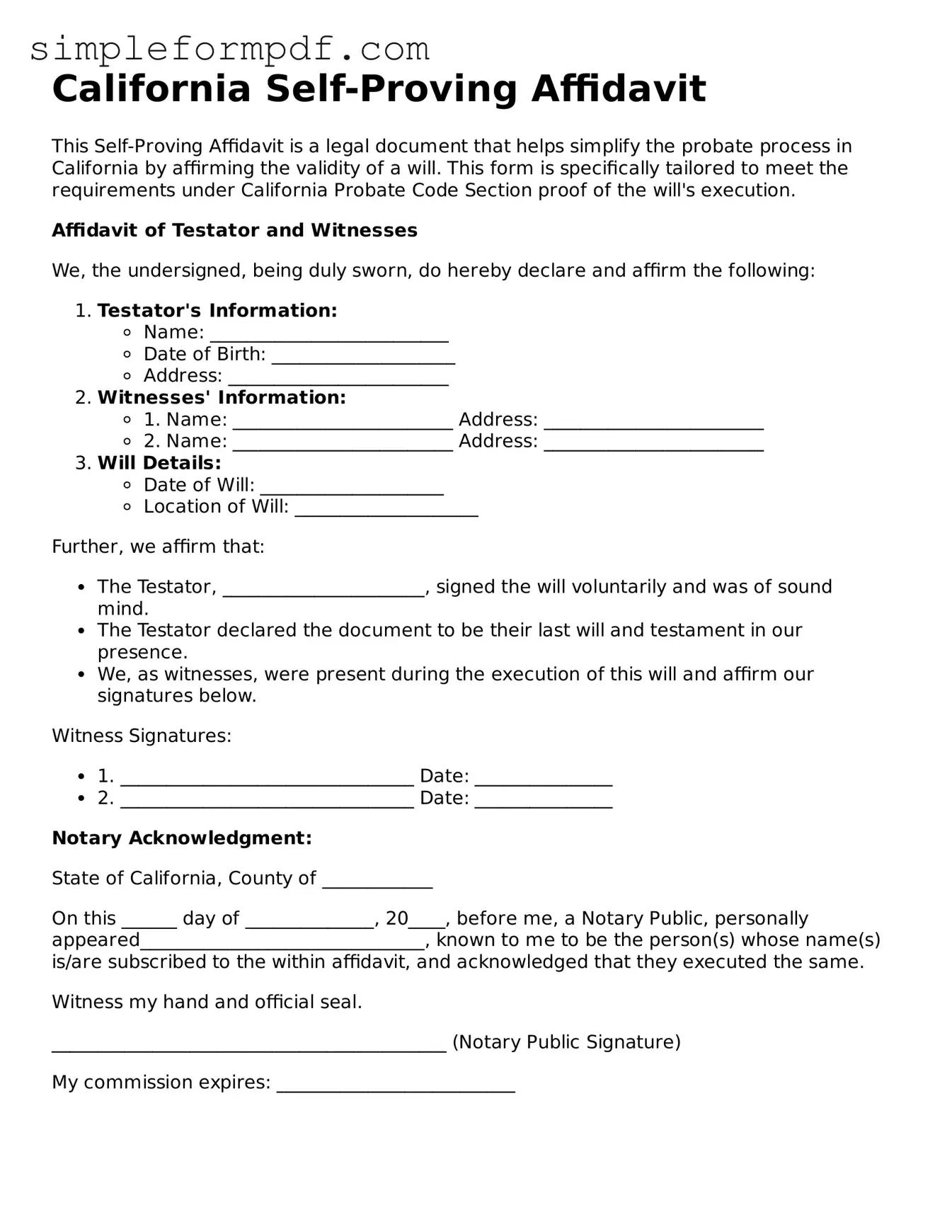 Free Self-Proving Affidavit Form for the State of California