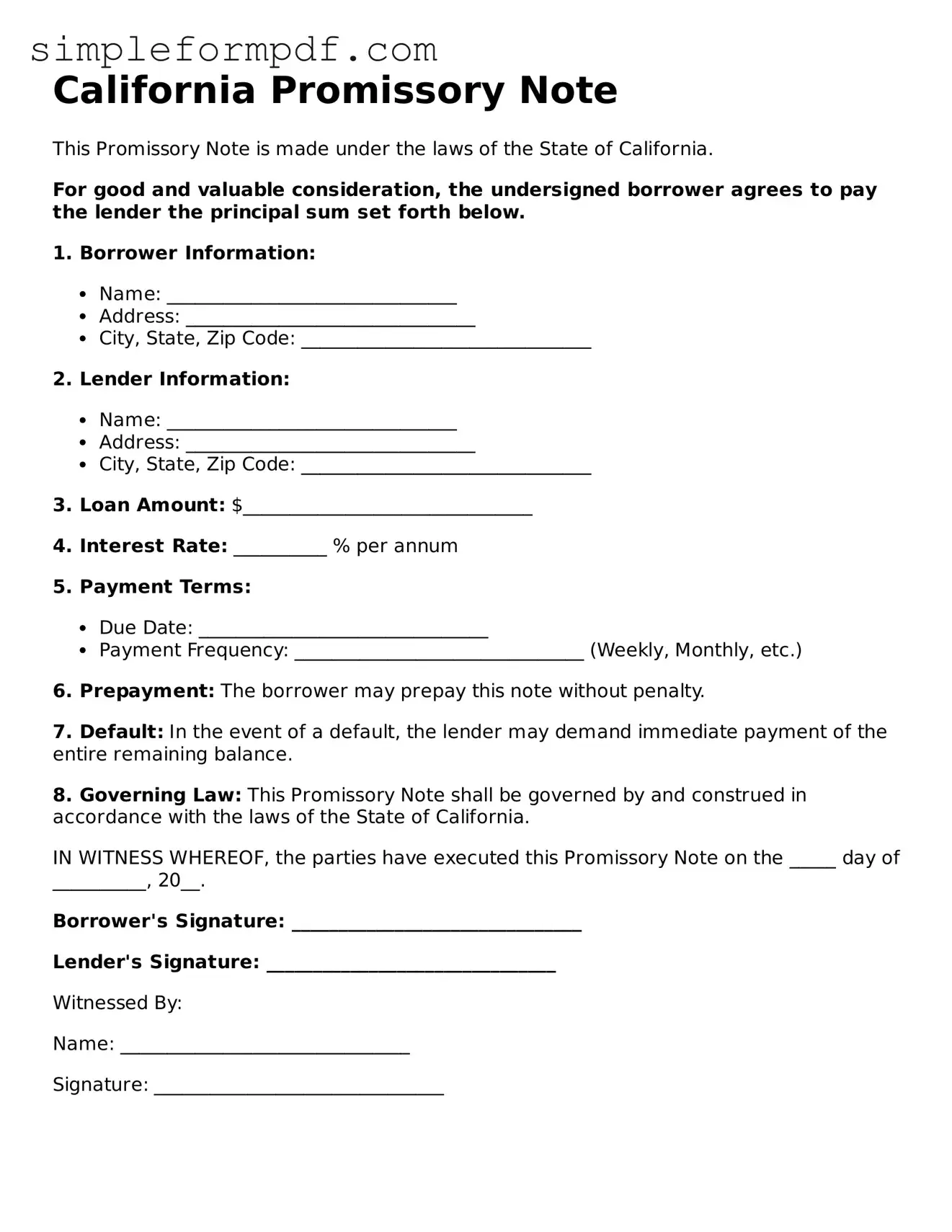 Free Promissory Note Form for the State of California