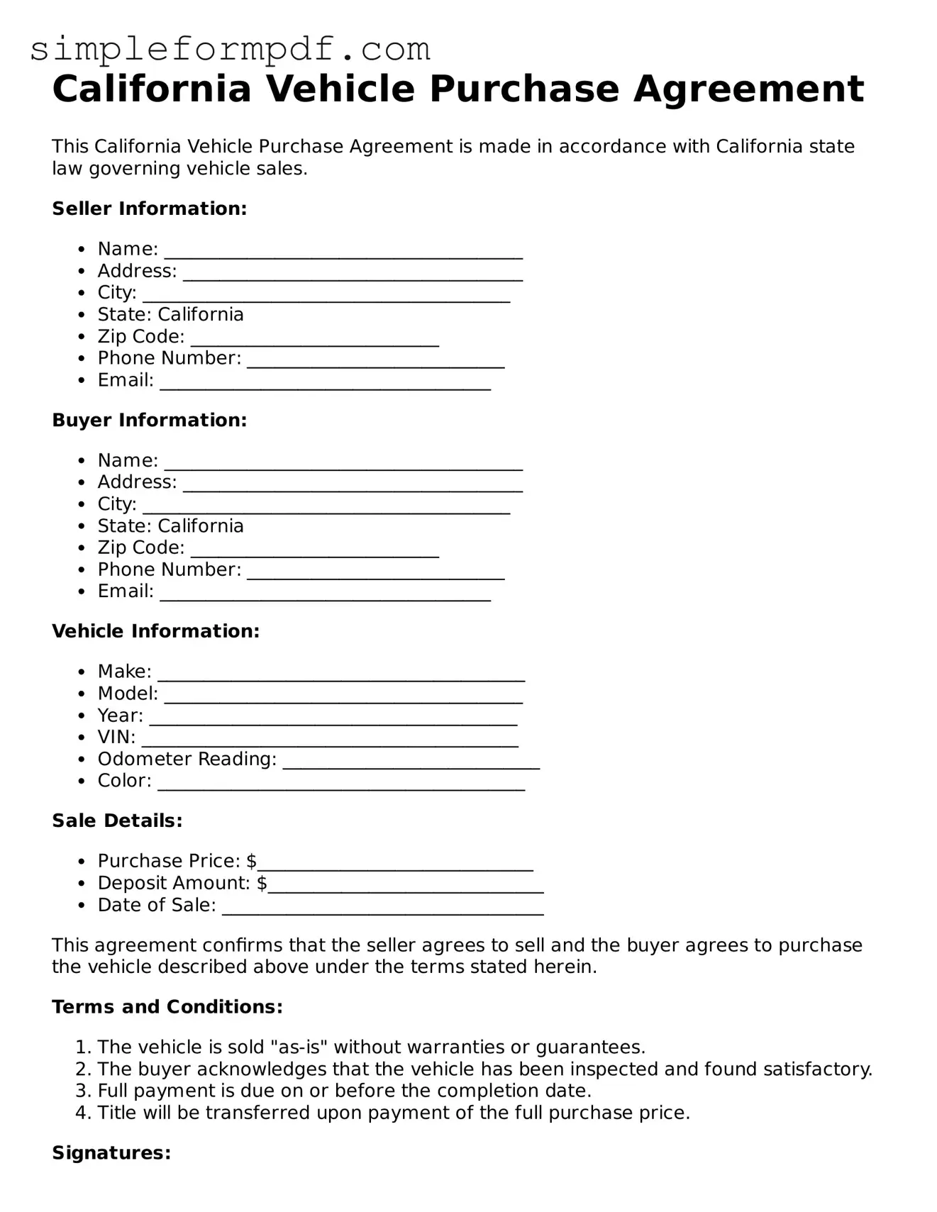 Free Vehicle Purchase Agreement Form for the State of California