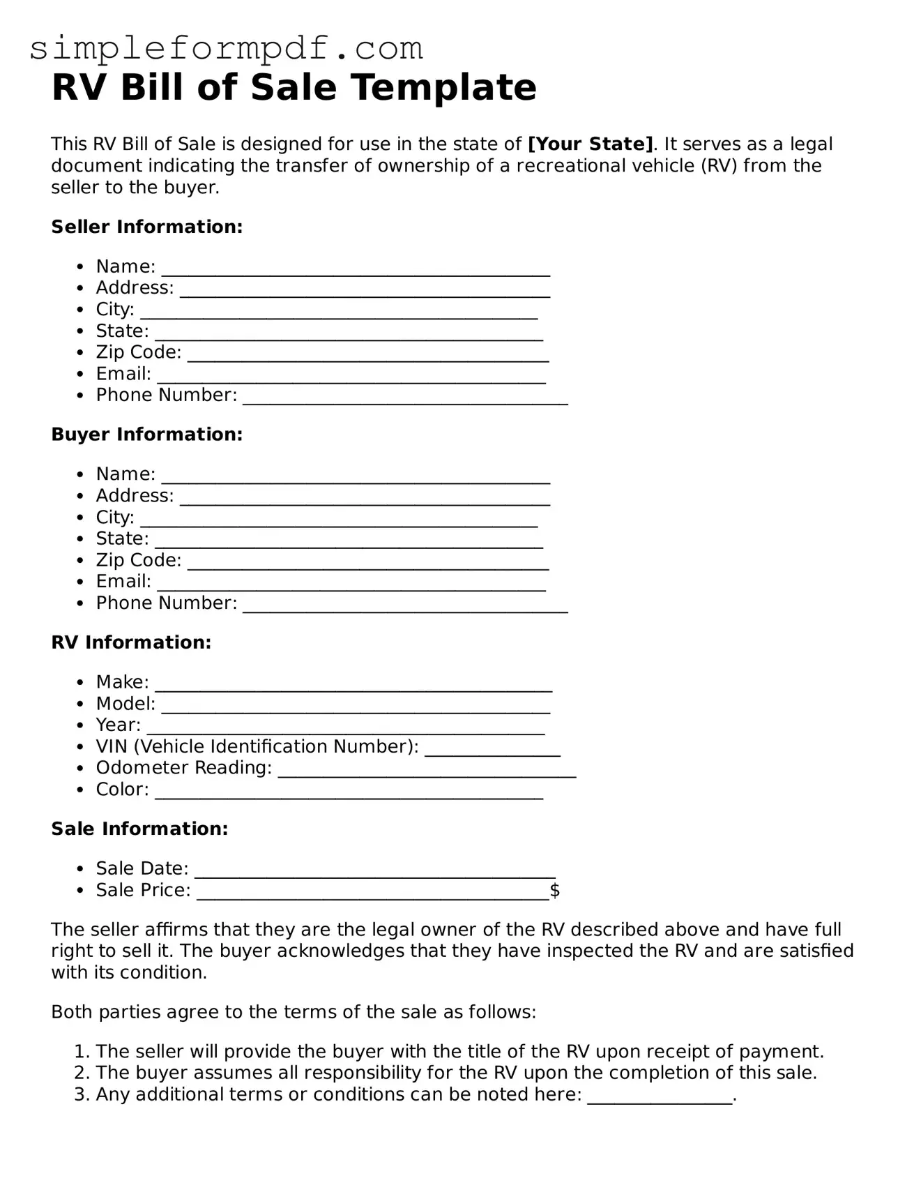 Fillable RV Bill of Sale Template