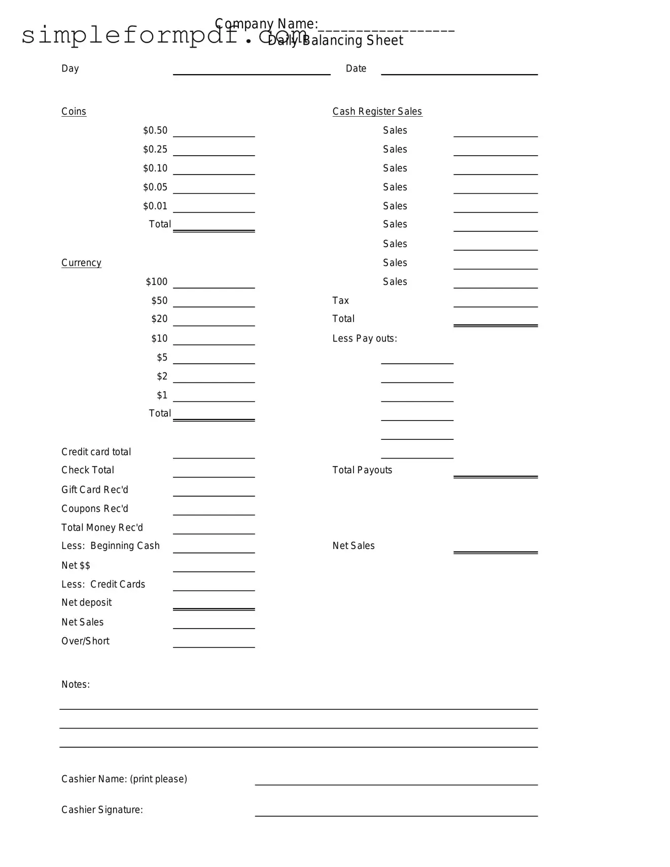 Cash Drawer Count Sheet PDF Form