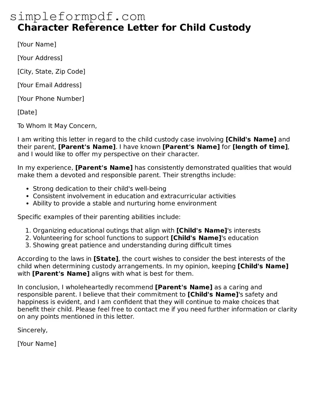 Fillable Character Reference Letter for Child Custody Template