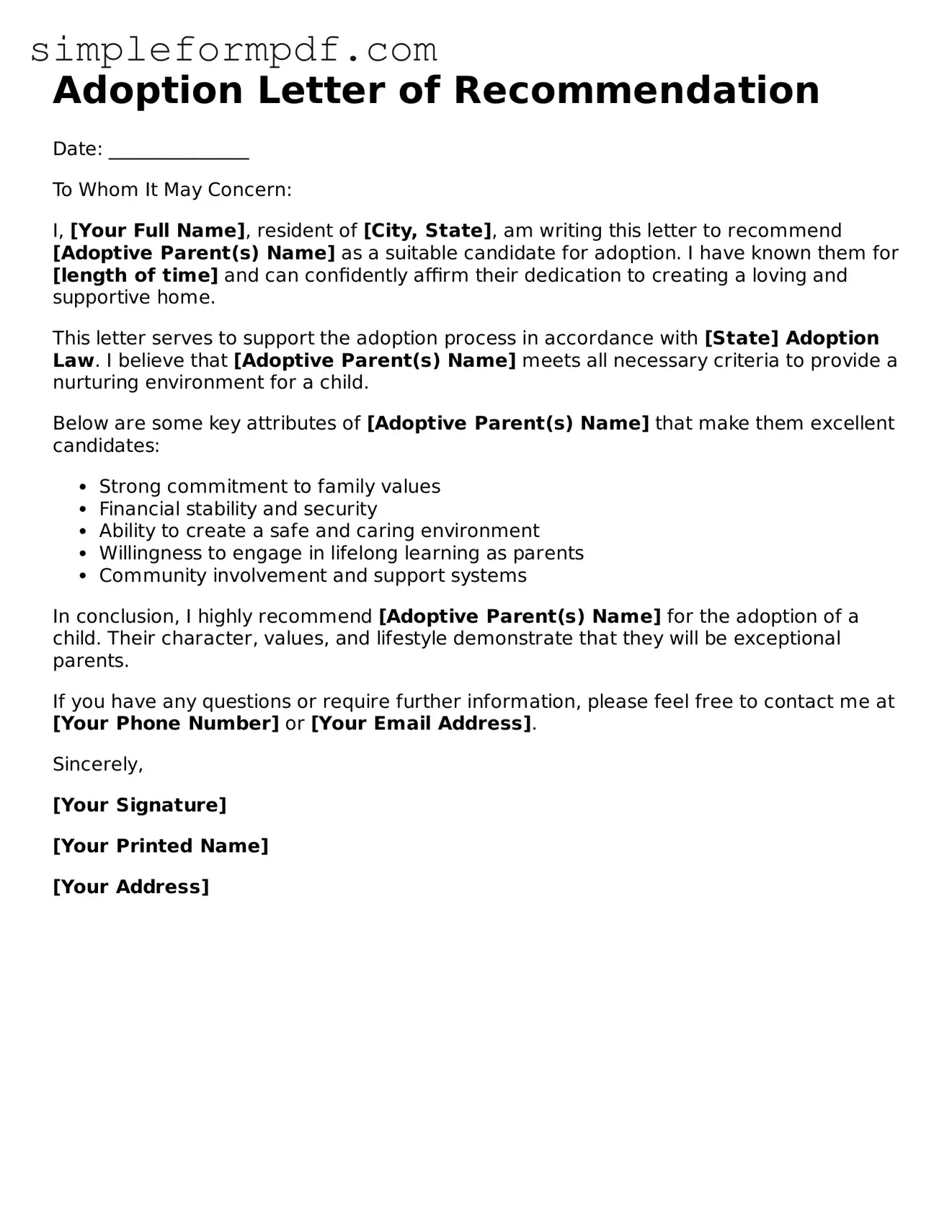 Fillable Adoption Letter of Recommendation Template