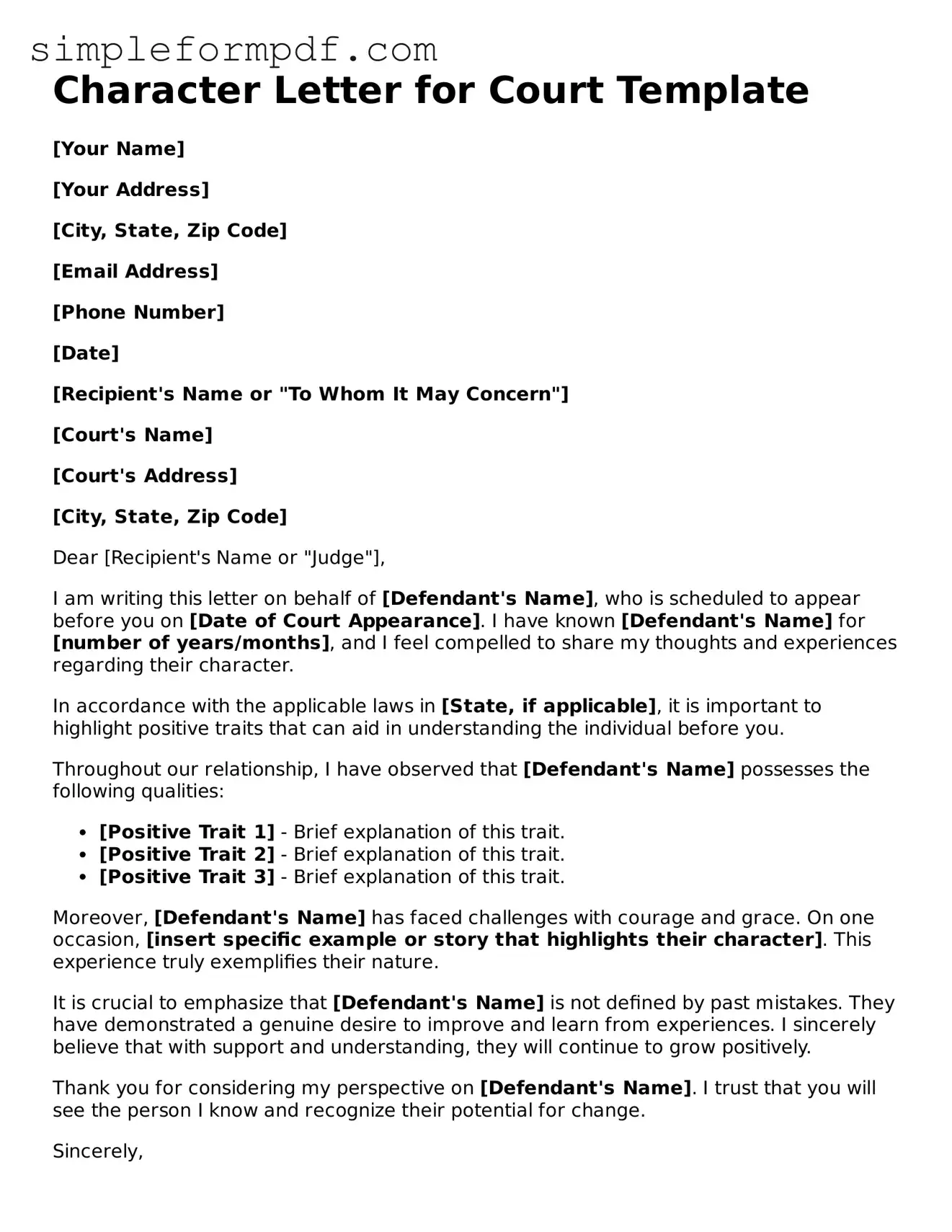 Fillable Character Letter for Court Template