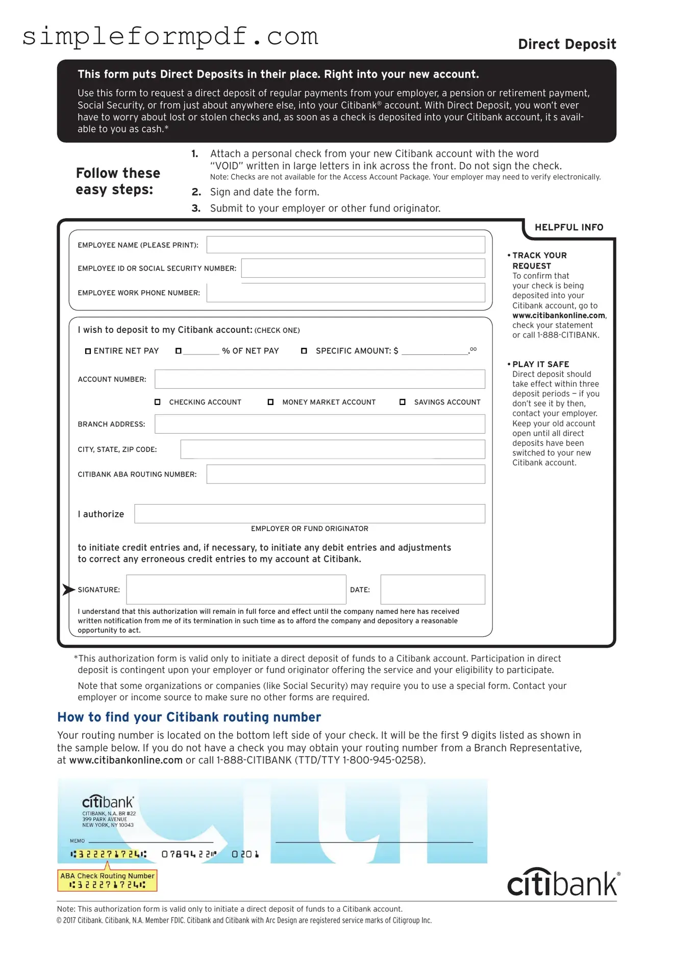 Citibank Direct Deposit PDF Form