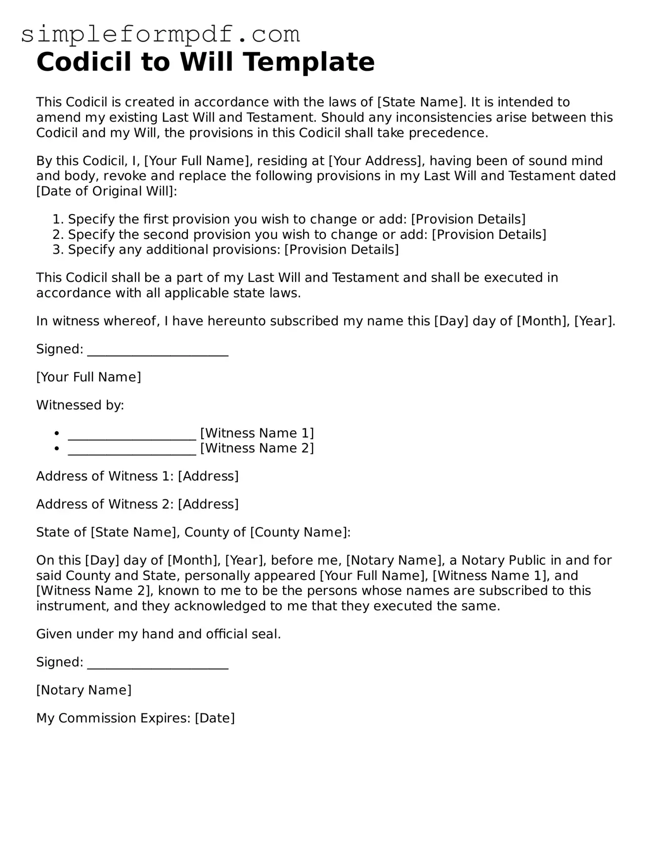 Fillable Codicil to Will Template