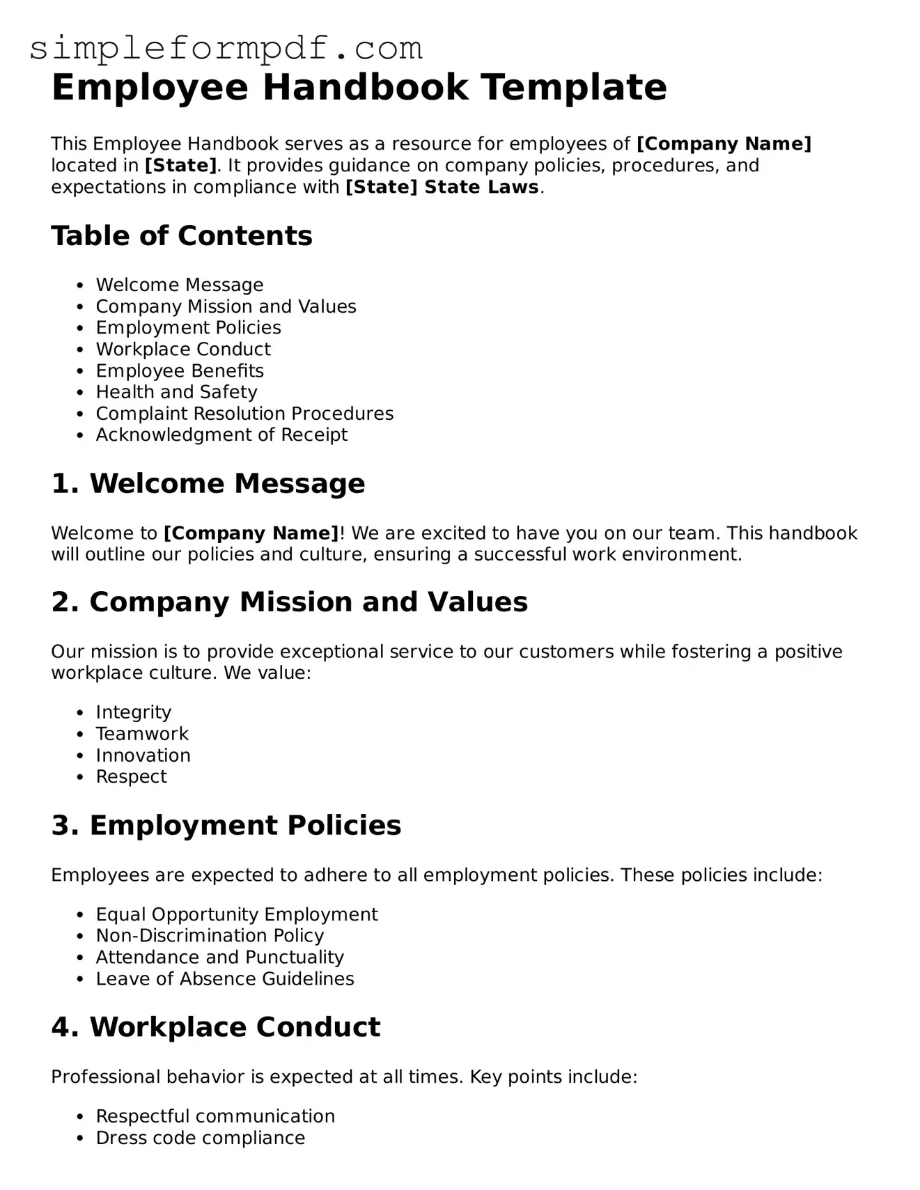 Fillable Employee Handbook Template