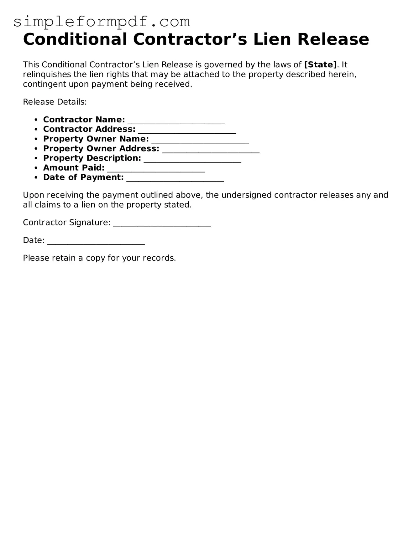 Fillable Conditional Contractor’s Lien Release Template