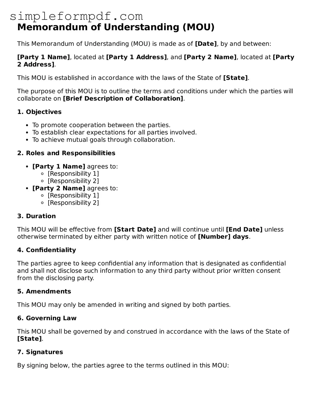 Fillable Memorandum of Understanding Template