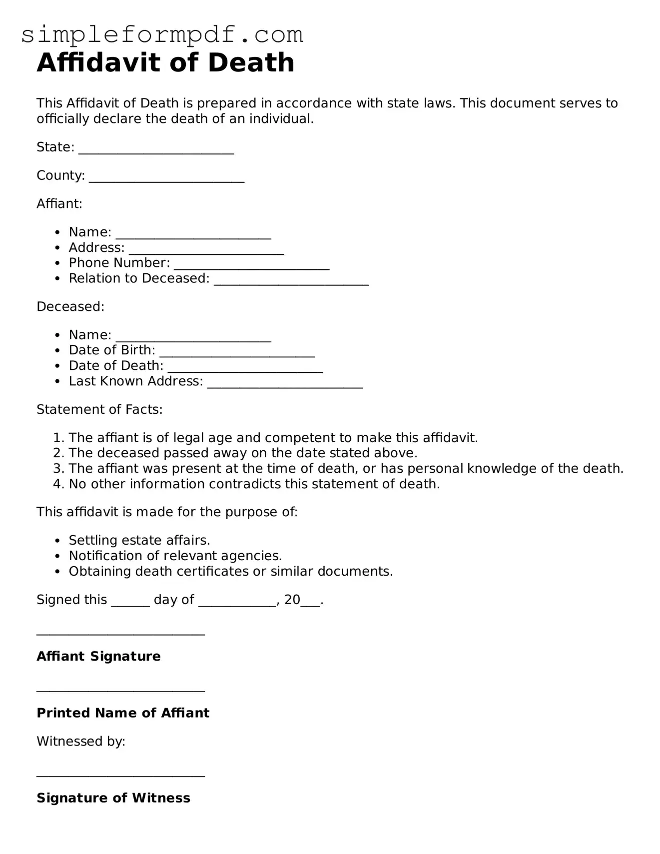 Fillable Affidavit of Death Template