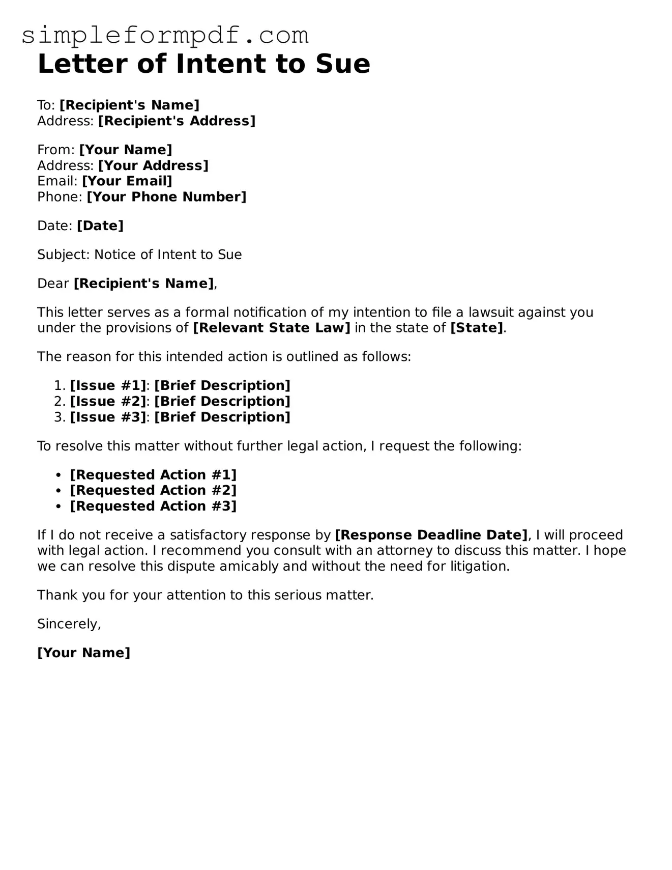 Fillable Letter of Intent to Sue Template