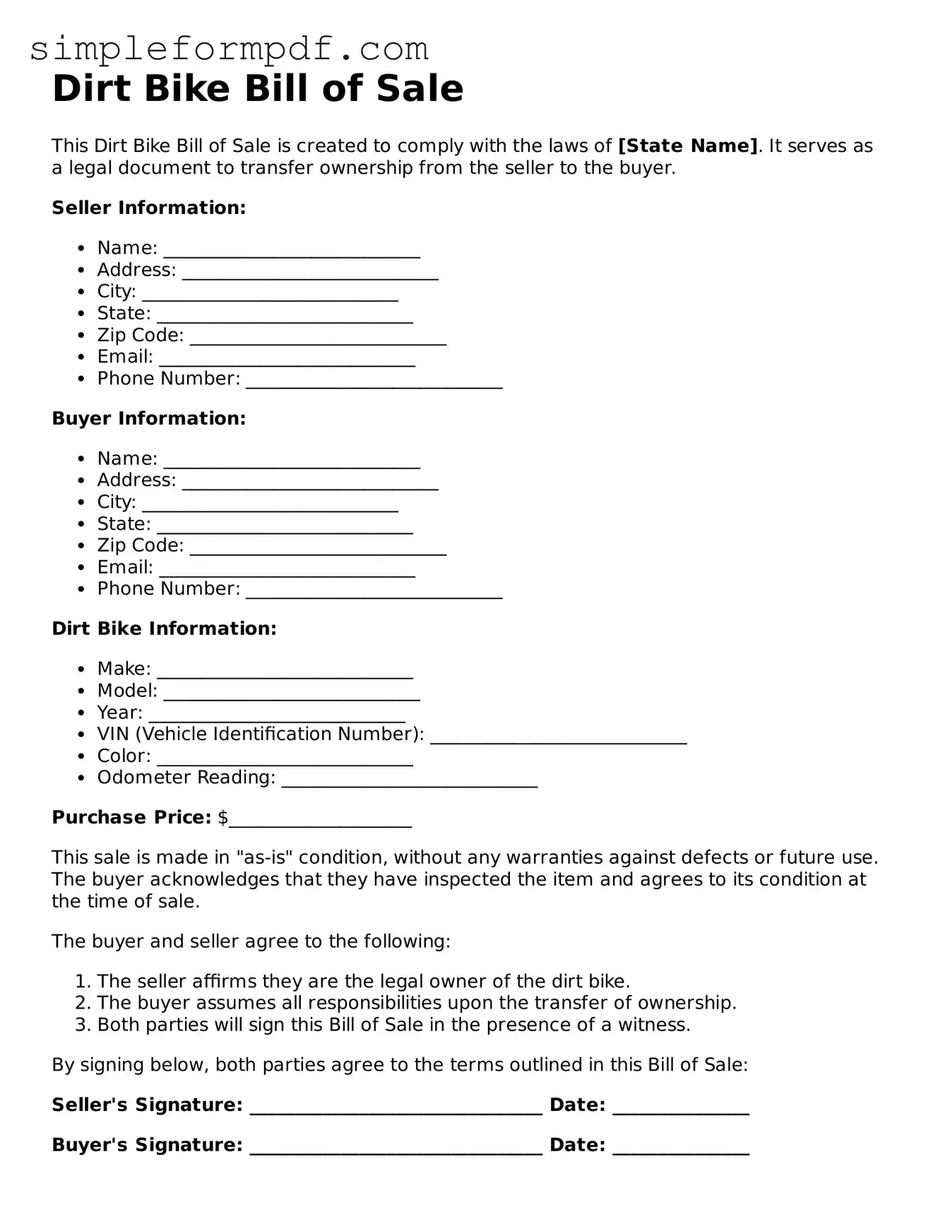 Fillable Dirt Bike Bill of Sale Template