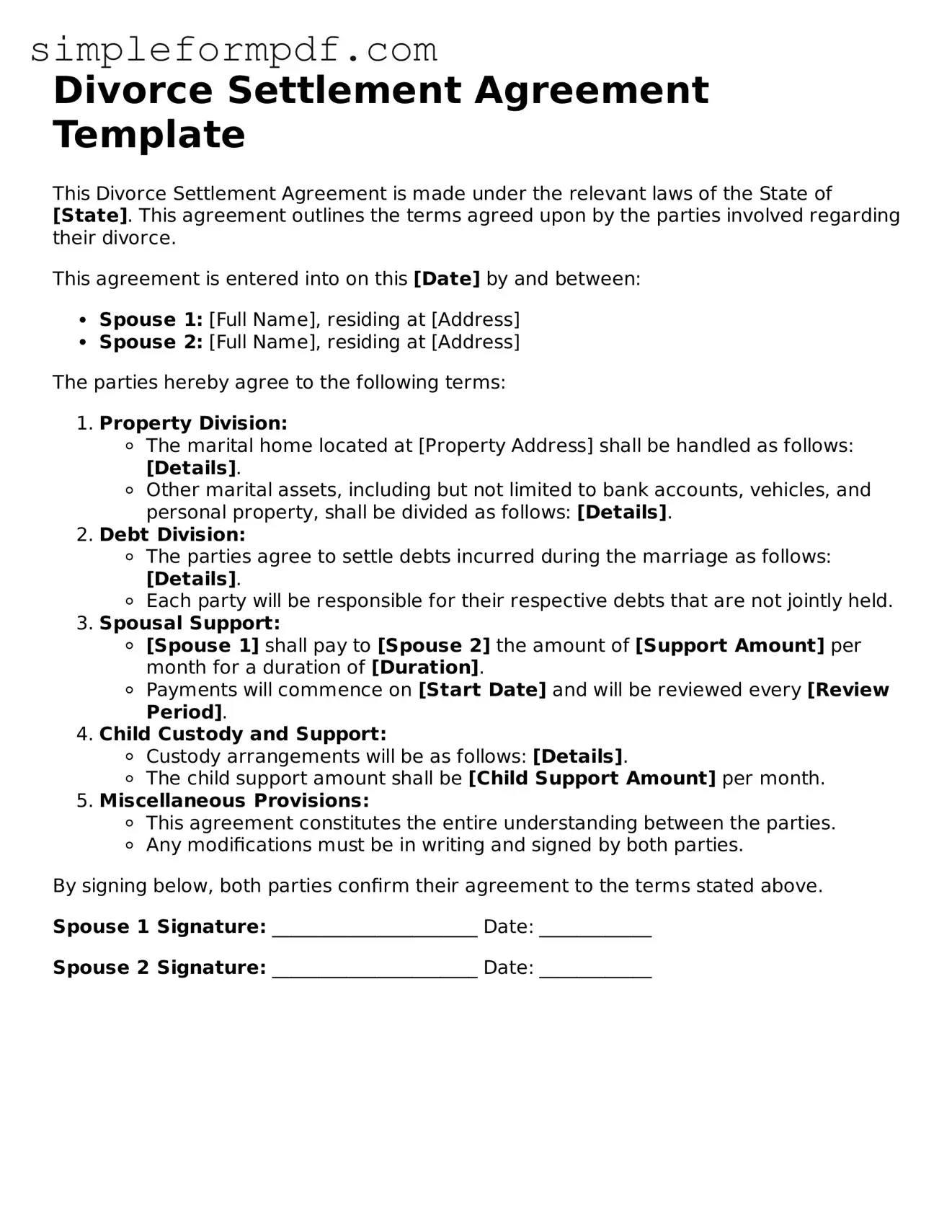 Fillable Divorce Settlement Agreement Template