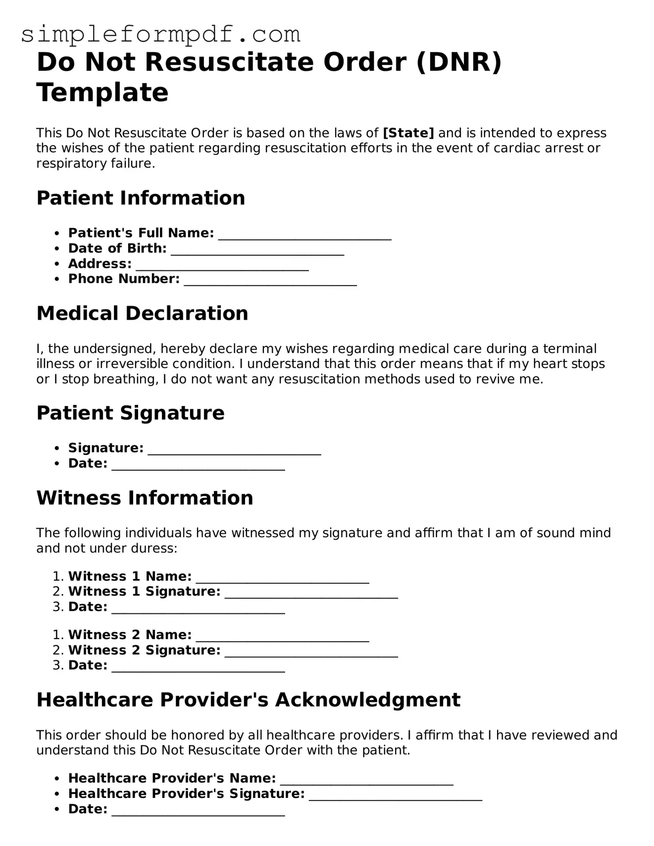 Fillable Do Not Resuscitate Order Template