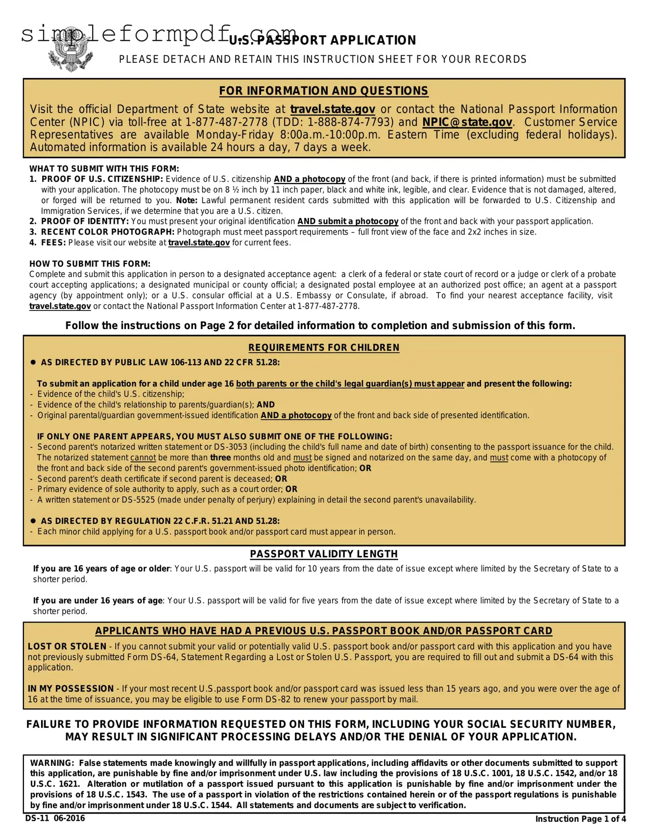DS-11 U.S. Passport application PDF Form