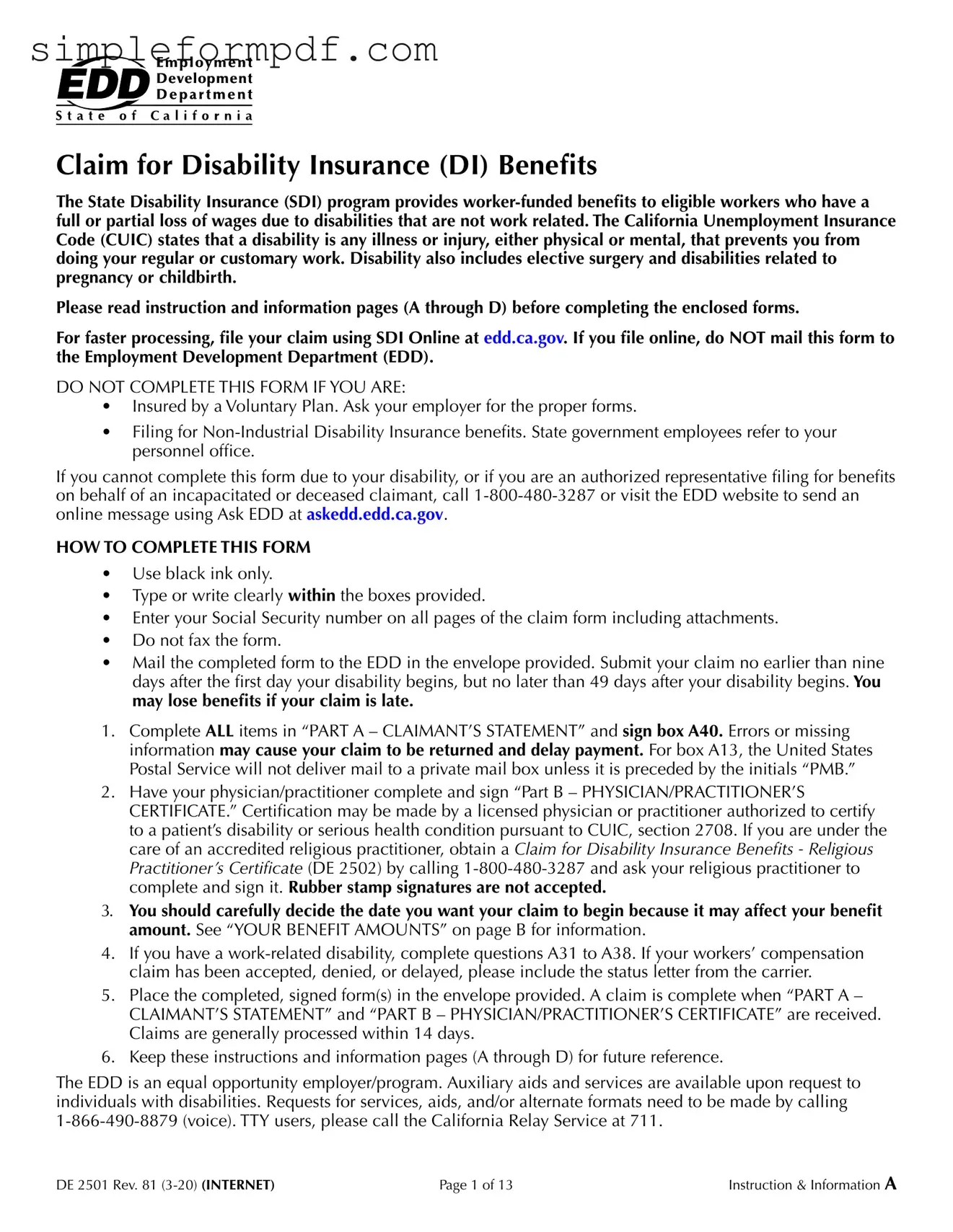 EDD DE 2501 PDF Form