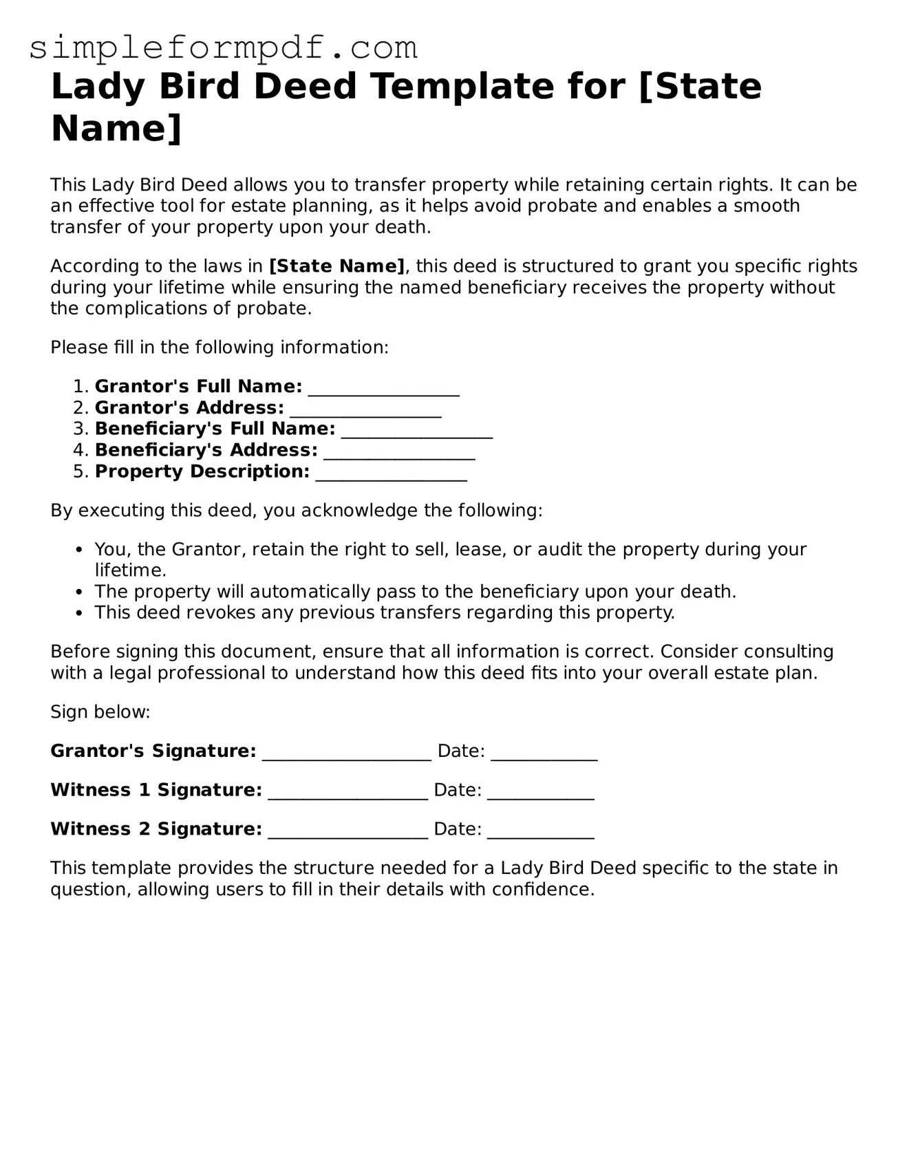Fillable Lady Bird Deed Template