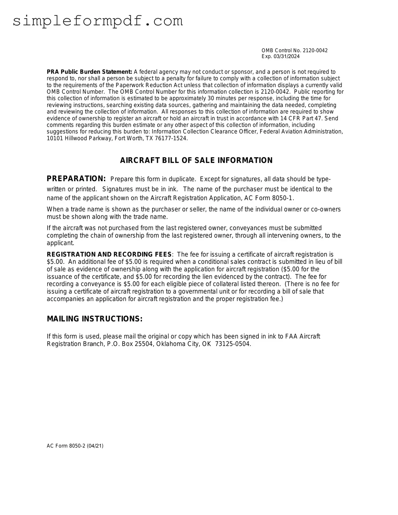 Aircraft Bill of Sale AC 8050-2 PDF Form