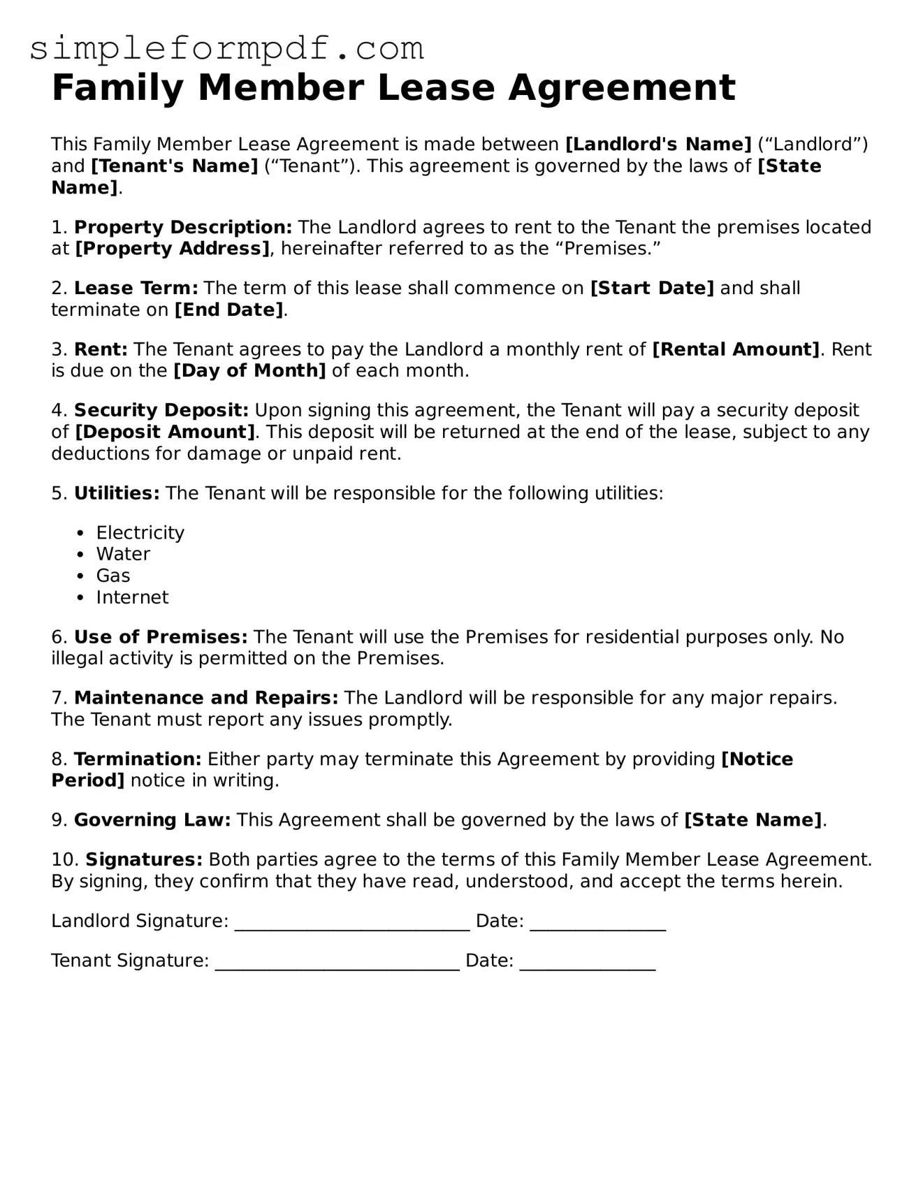 Fillable Family Member Lease Agreement Template