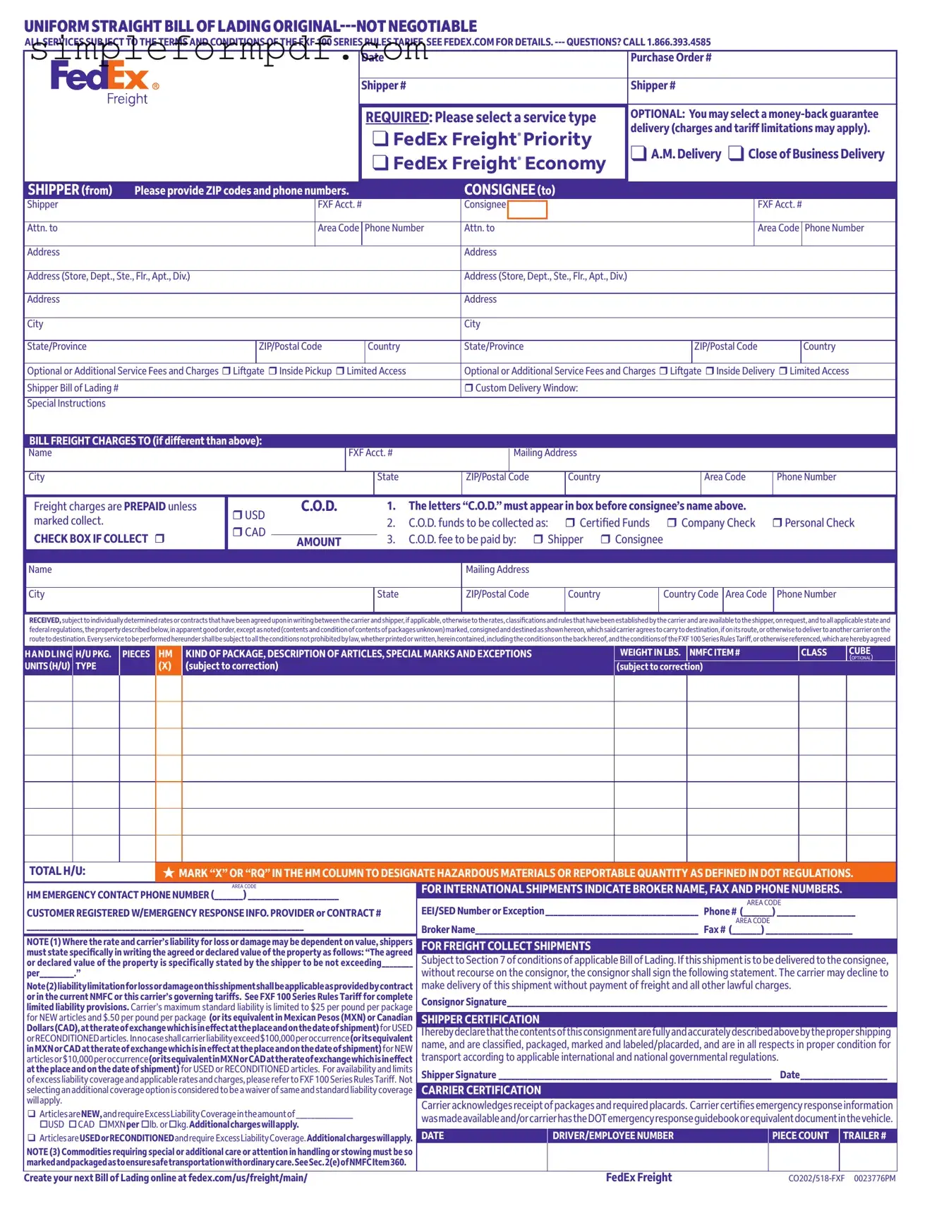 Fedex Bill Of Lading PDF Form