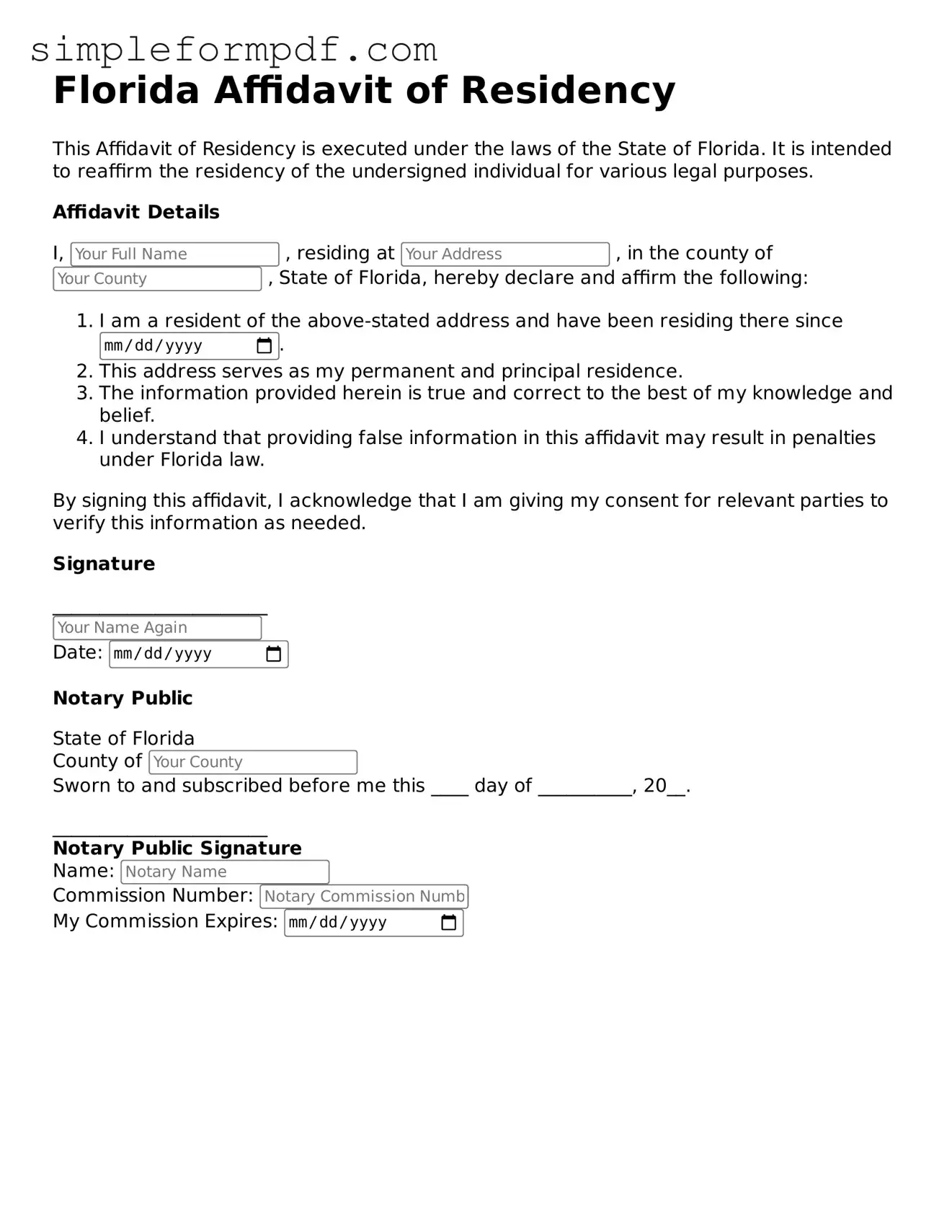 Free Affidavit of Residency Form for the State of Florida