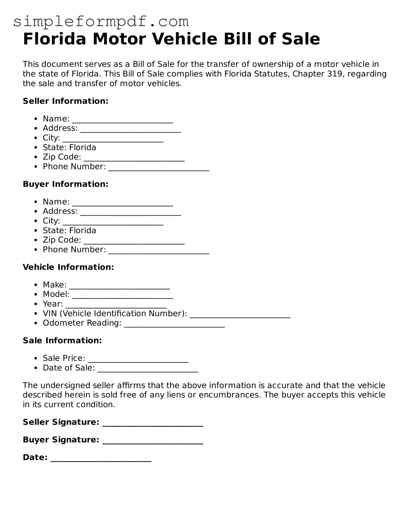 Free Motor Vehicle Bill of Sale Form for the State of Florida