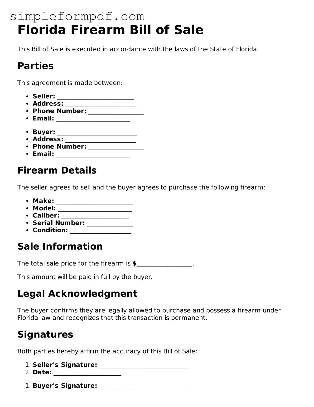 Free Firearm Bill of Sale Form for the State of Florida