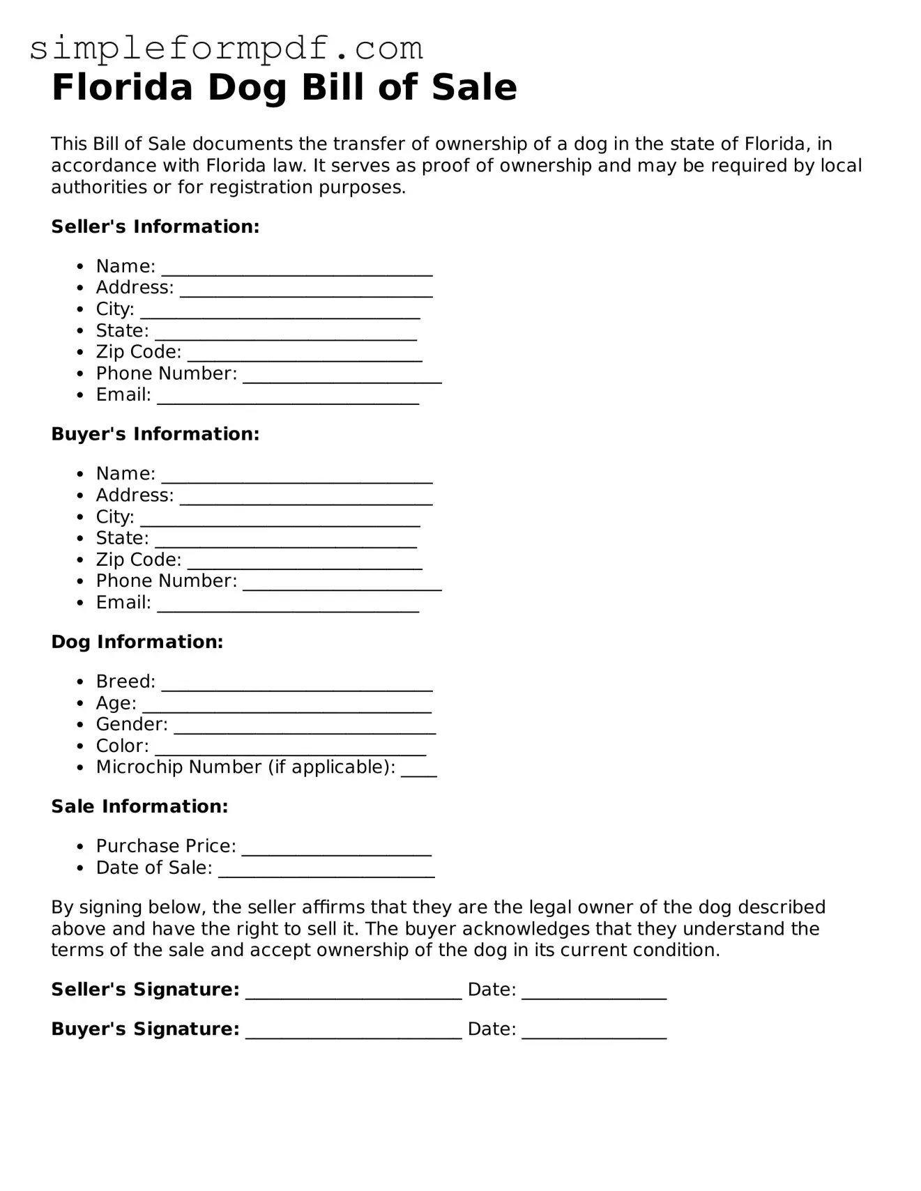 Free Dog Bill of Sale Form for the State of Florida