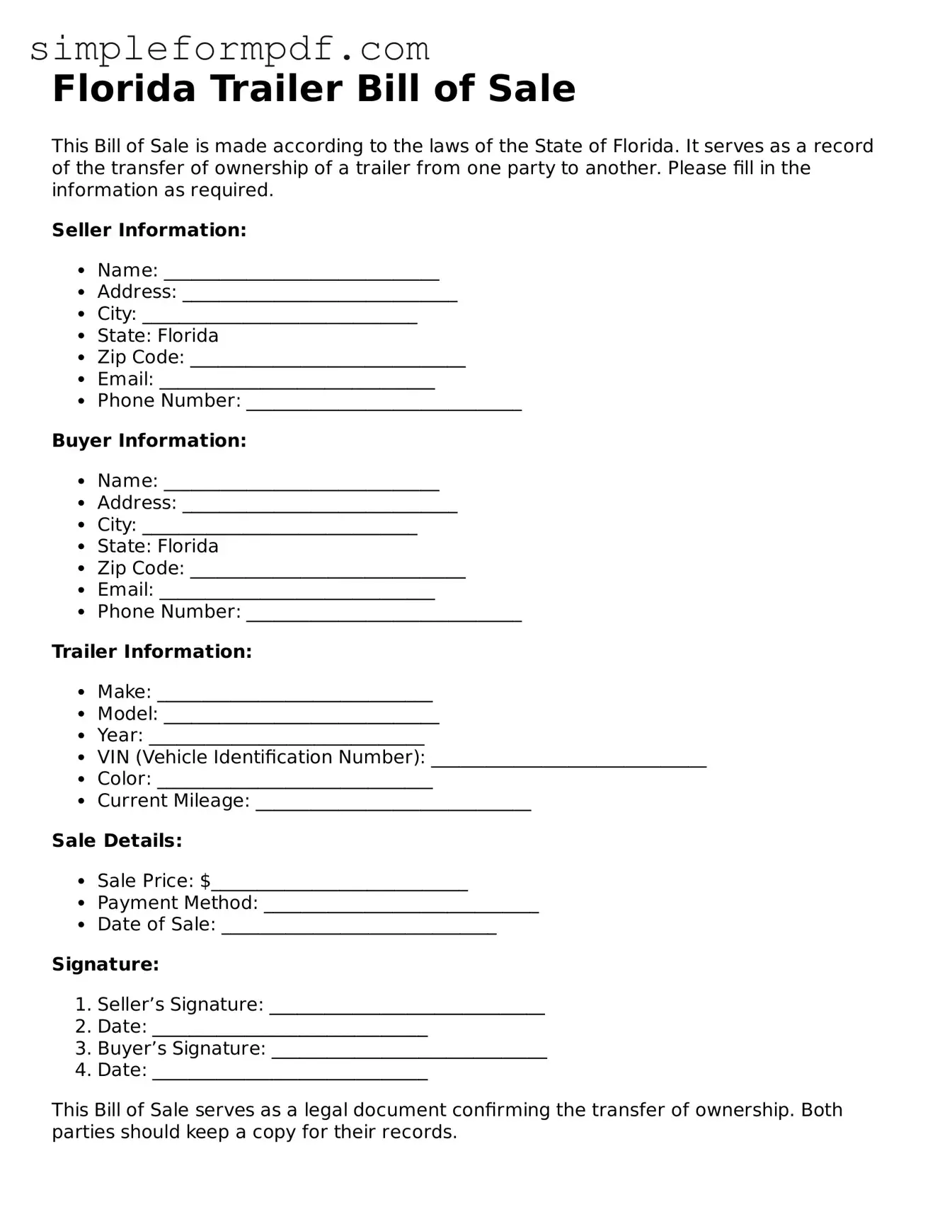Free Trailer Bill of Sale Form for the State of Florida