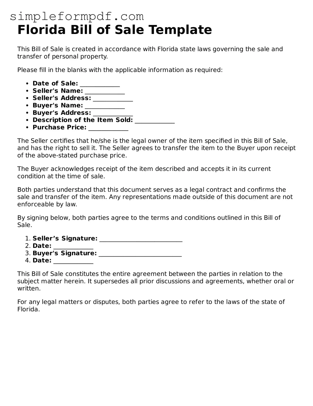 Free Bill of Sale Form for the State of Florida