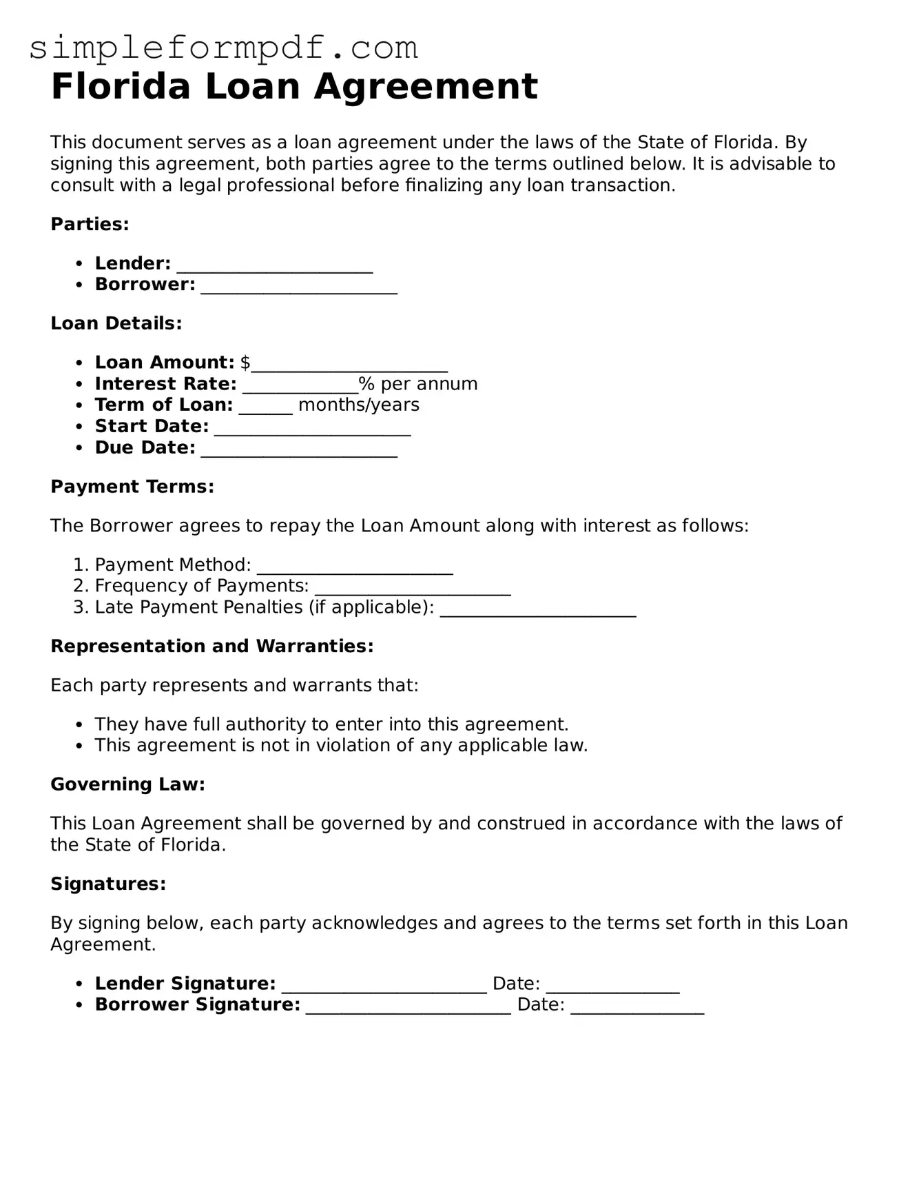 Free Loan Agreement Form for the State of Florida