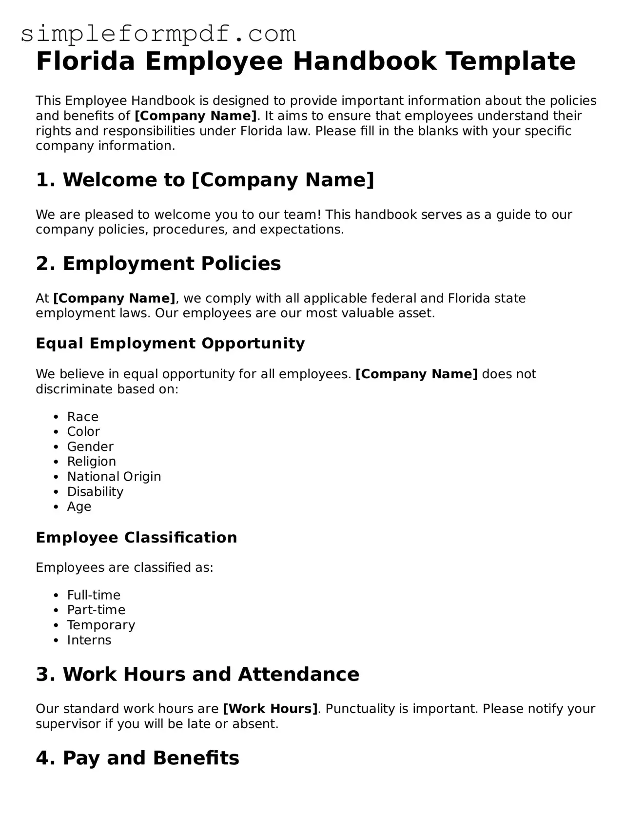 Free Employee Handbook Form for the State of Florida