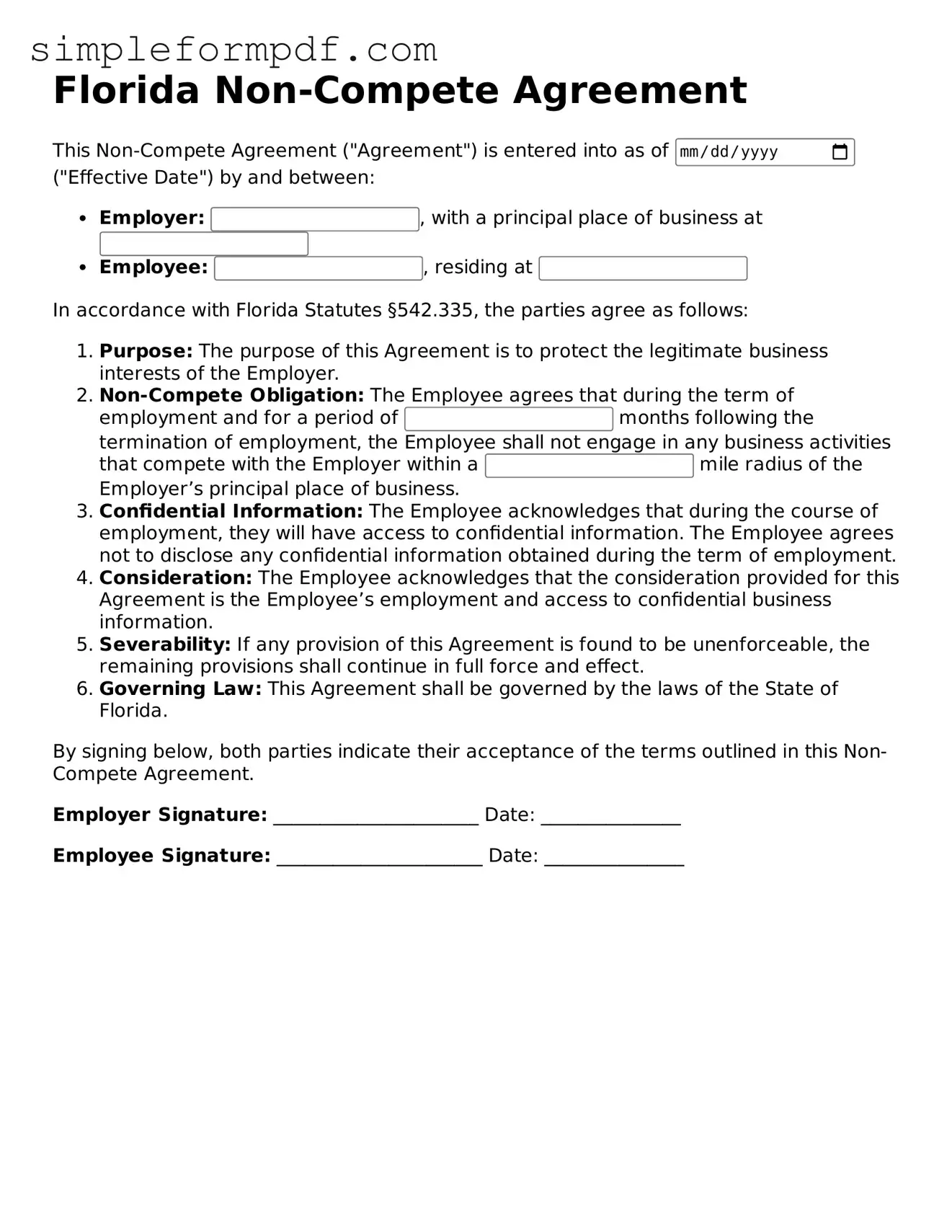 Free Non-compete Agreement Form for the State of Florida