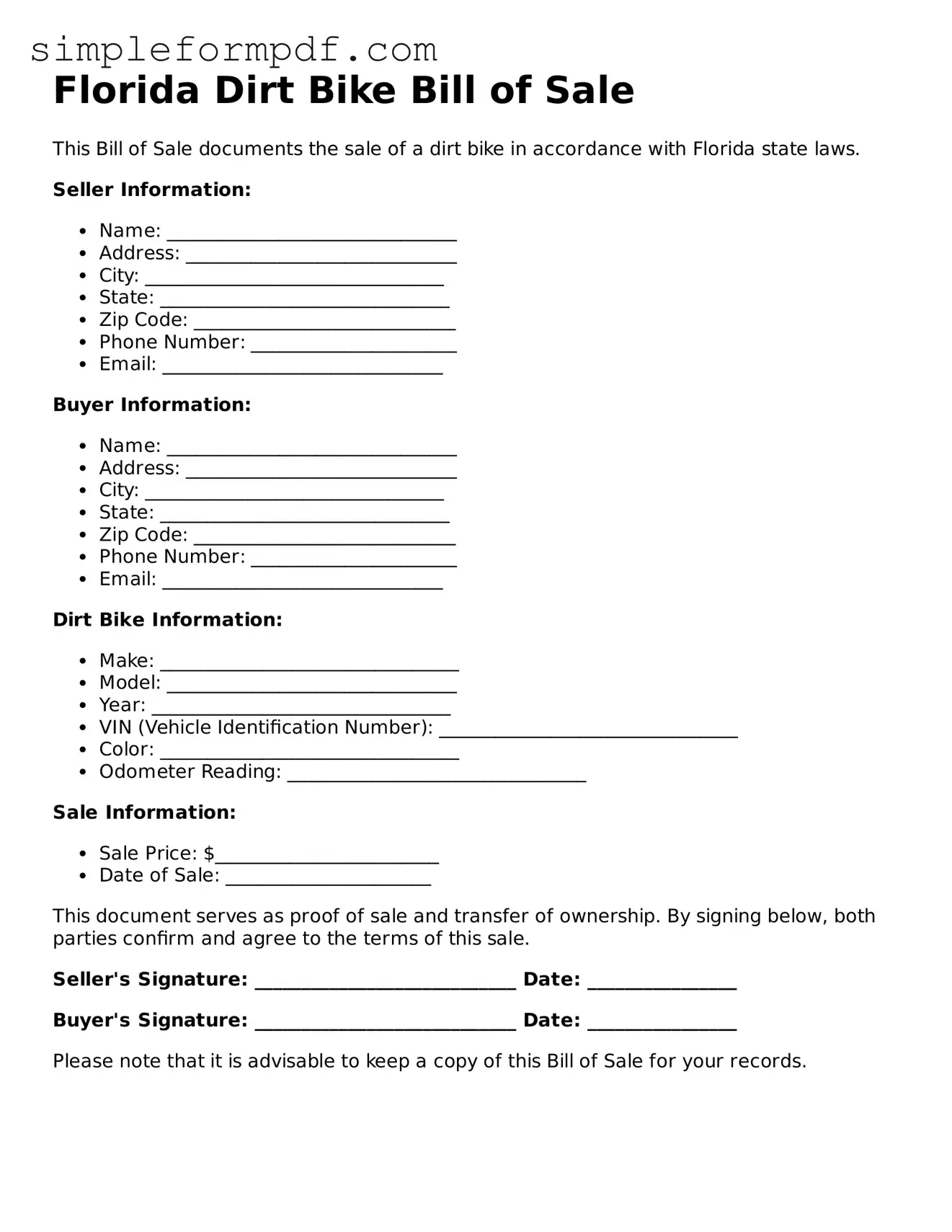 Free Dirt Bike Bill of Sale Form for the State of Florida