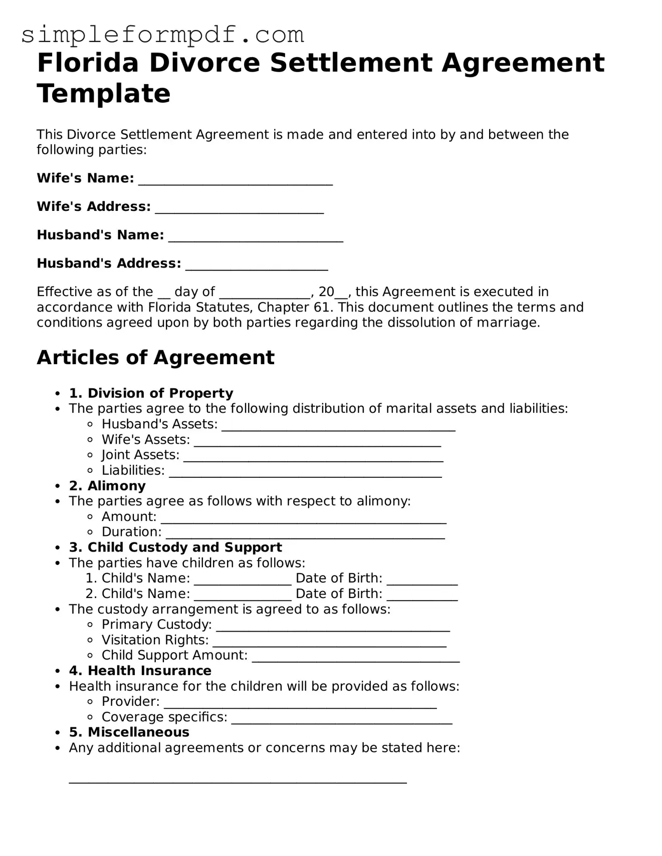 Free Divorce Settlement Agreement Form for the State of Florida