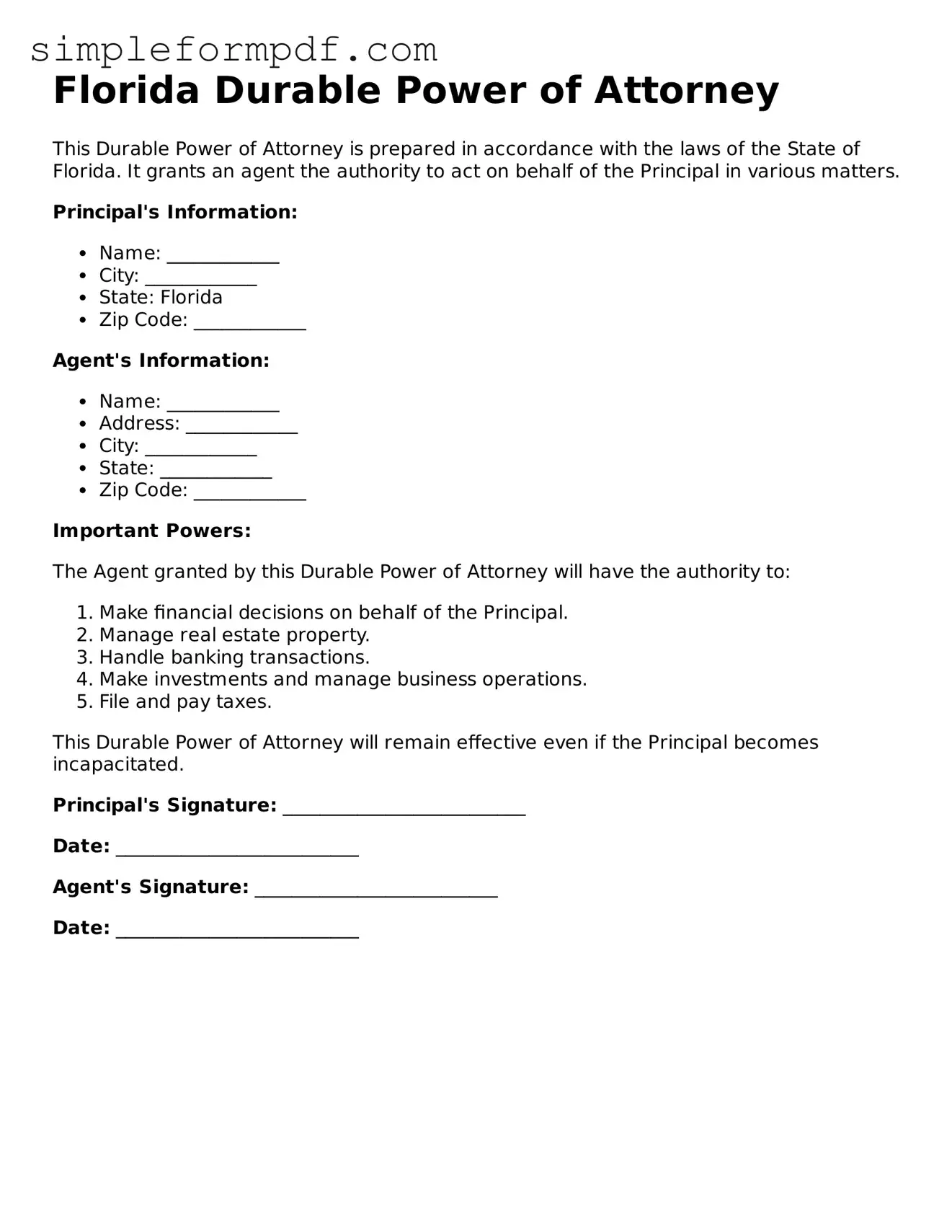 Free Durable Power of Attorney Form for the State of Florida