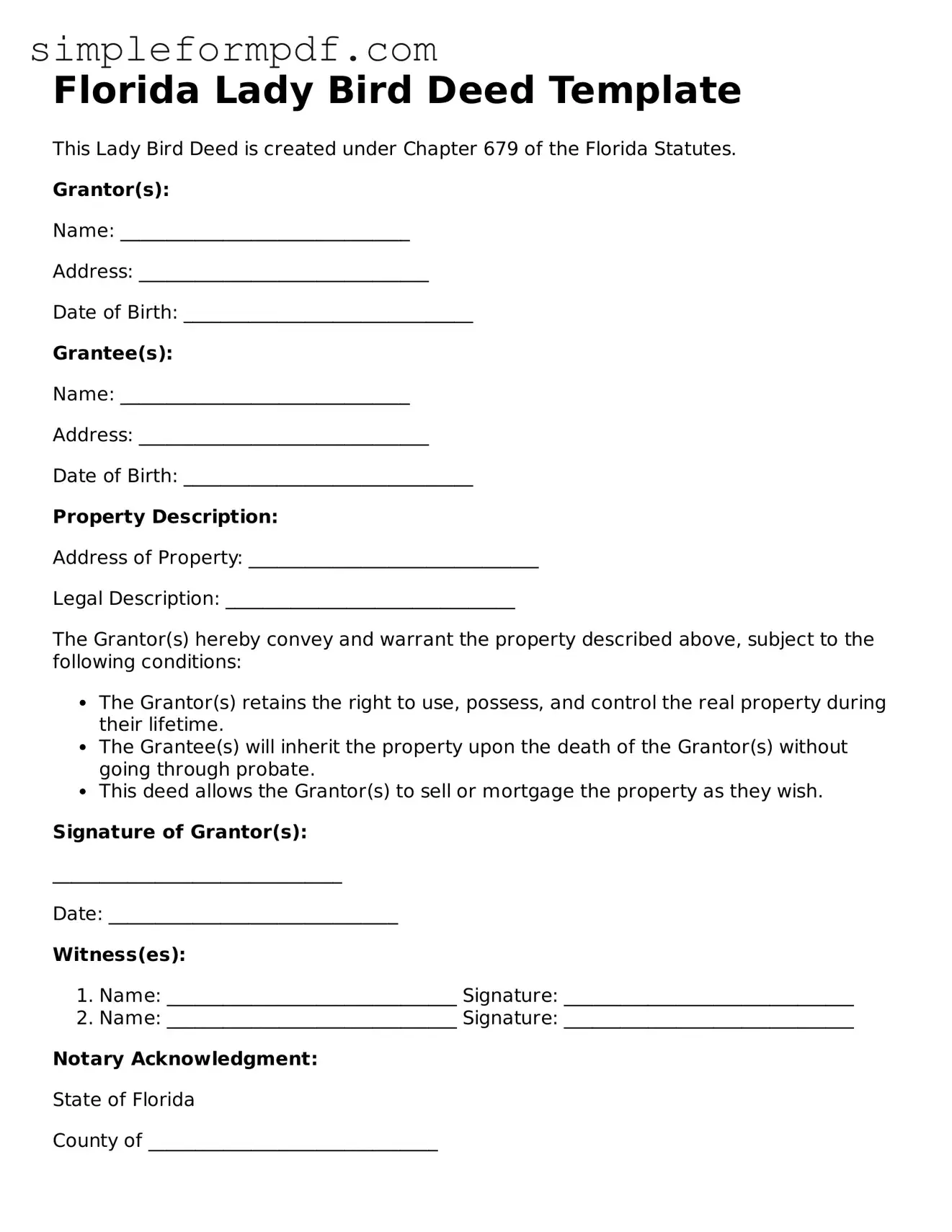 Free Lady Bird Deed Form for the State of Florida