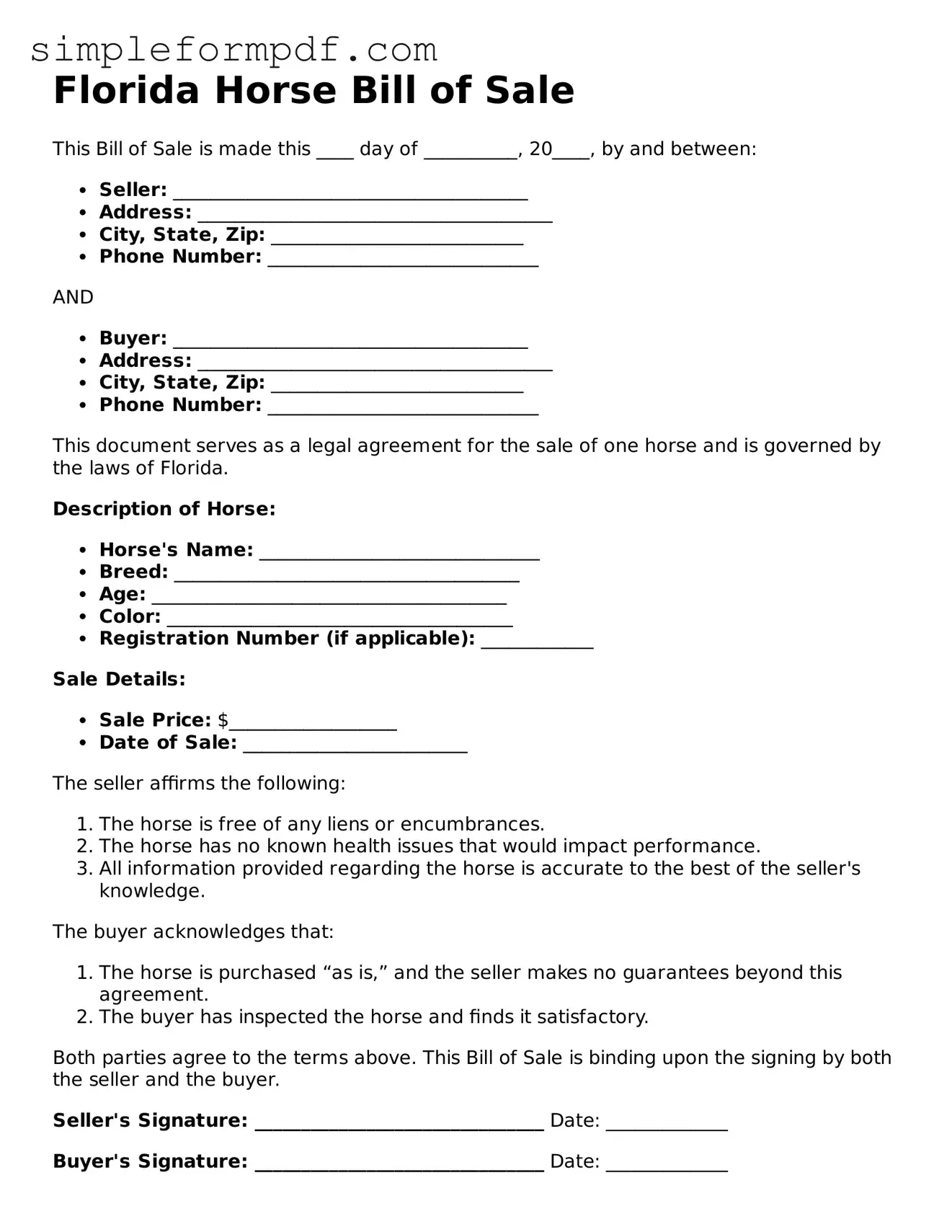 Free Horse Bill of Sale Form for the State of Florida
