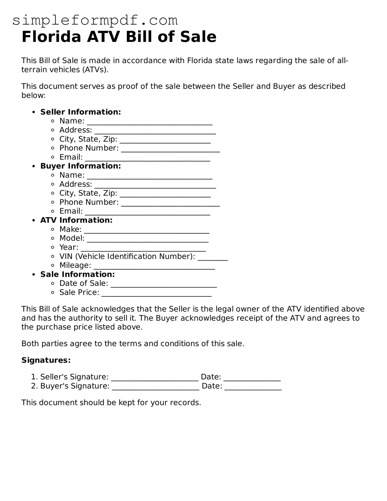 Free ATV Bill of Sale Form for the State of Florida