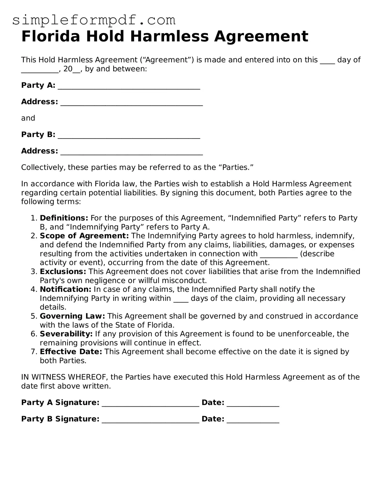 Free Hold Harmless Agreement Form for the State of Florida