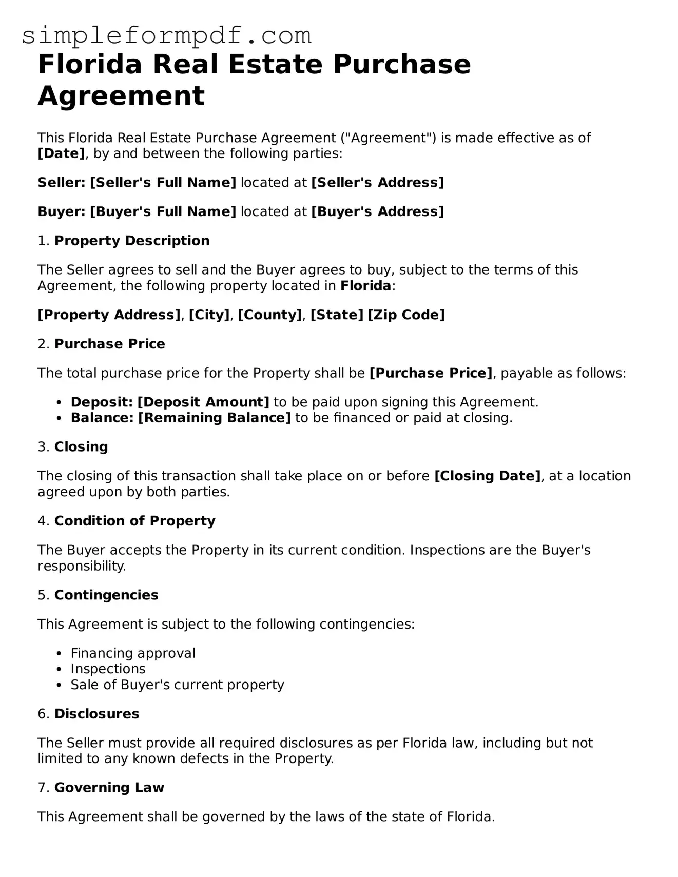 Free Real Estate Purchase Agreement Form for the State of Florida