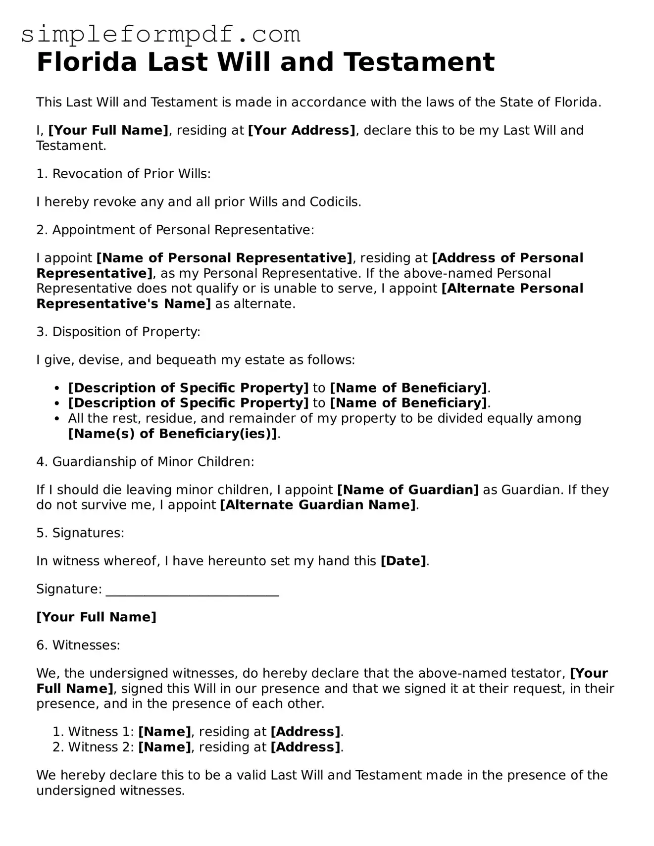 Free Last Will and Testament Form for the State of Florida