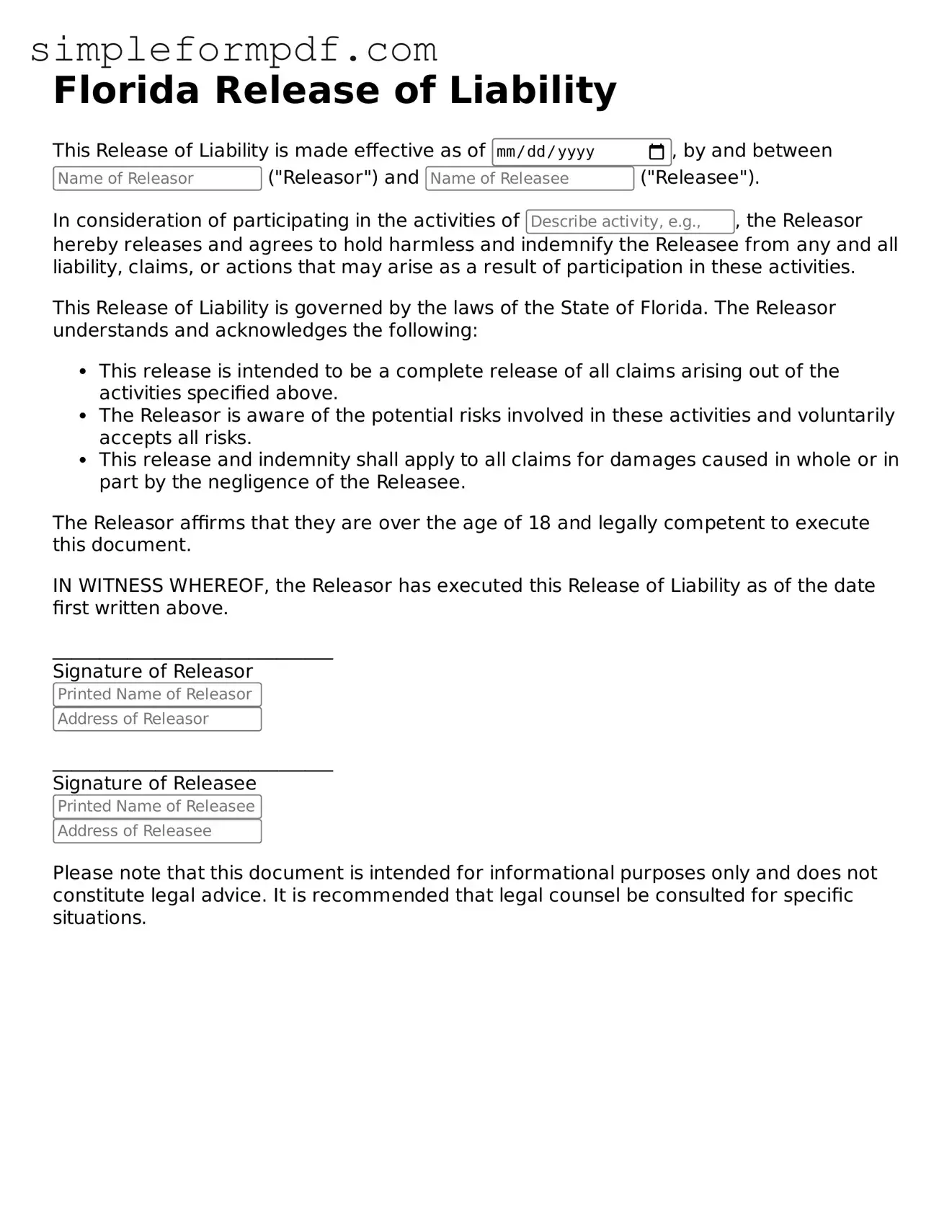 Free Release of Liability Form for the State of Florida