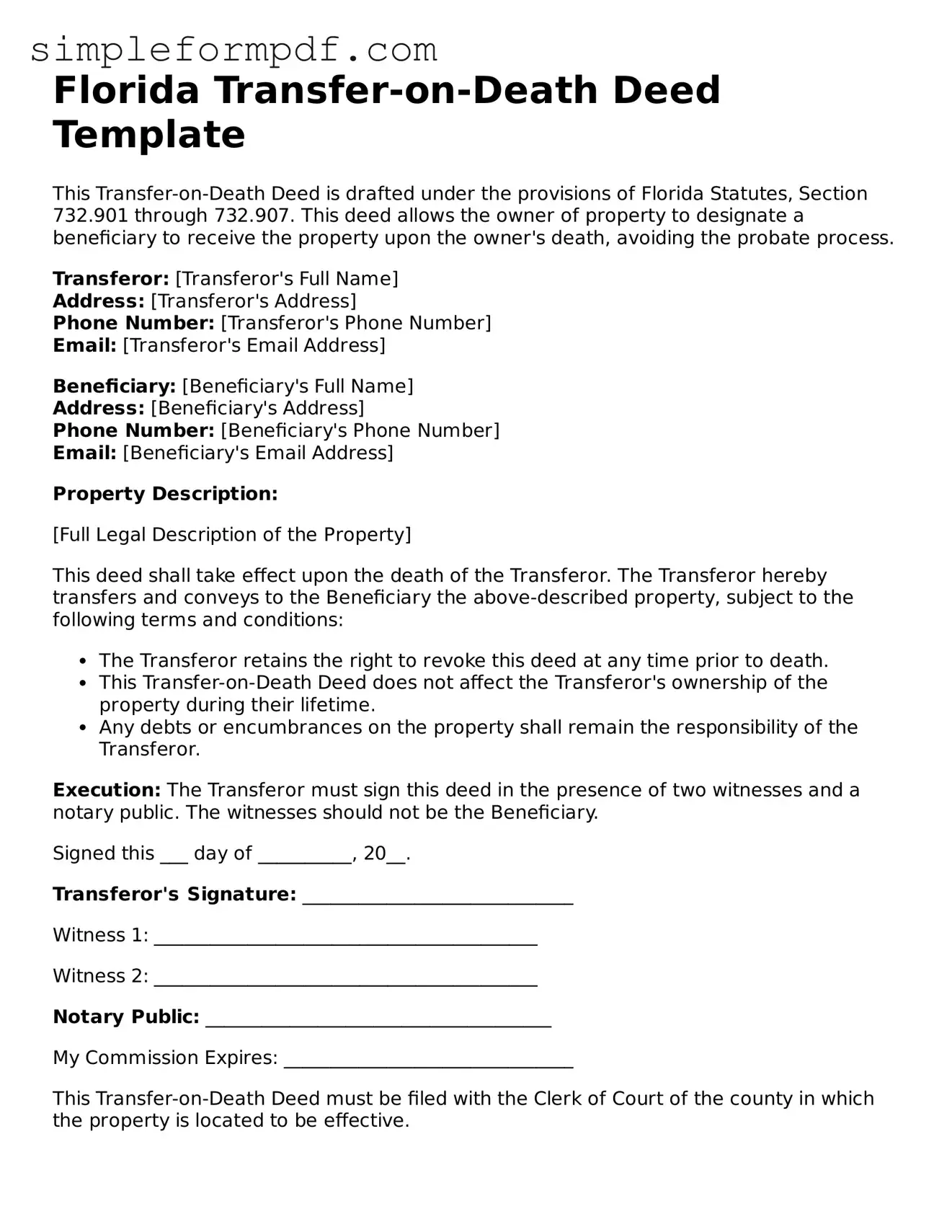 Free Transfer-on-Death Deed Form for the State of Florida