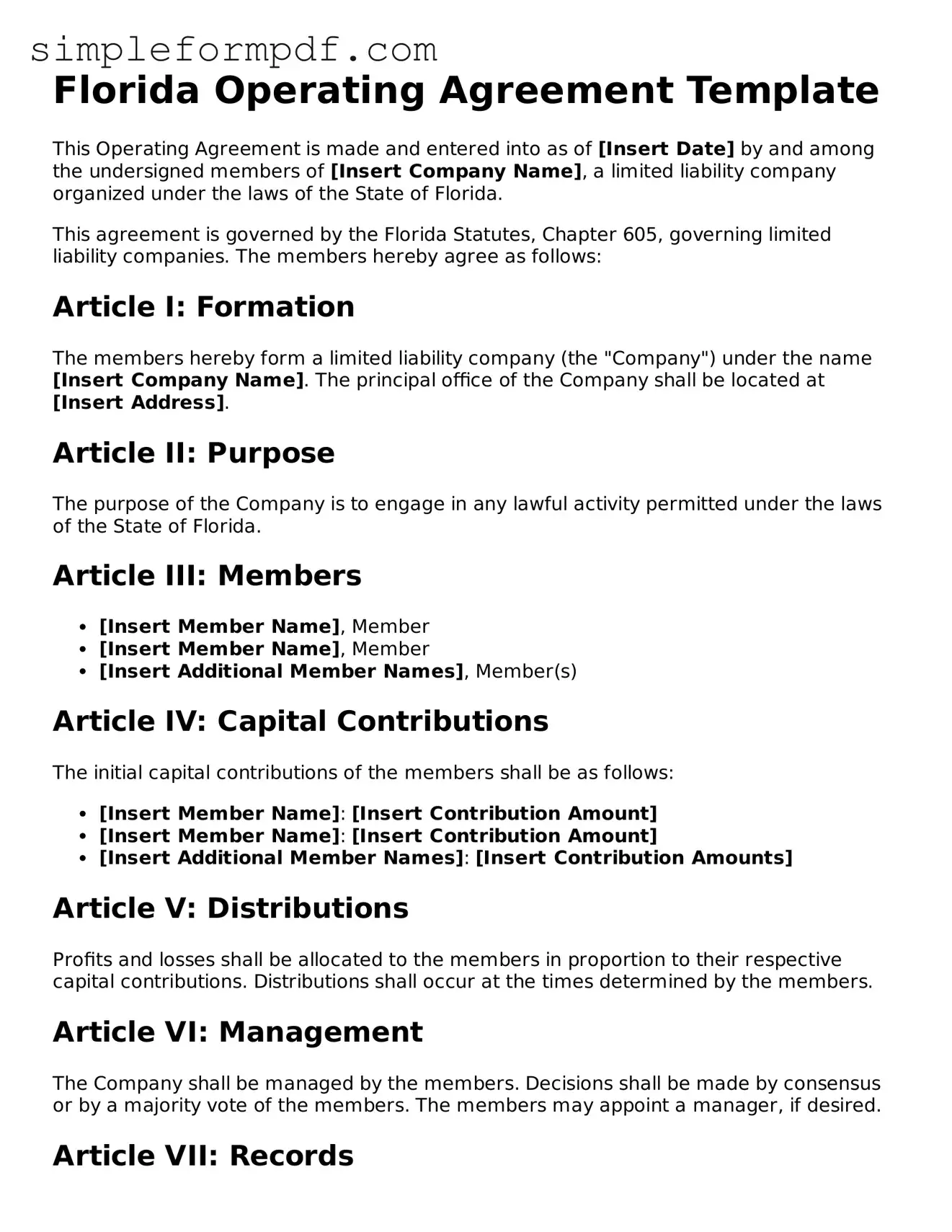Free Operating Agreement Form for the State of Florida