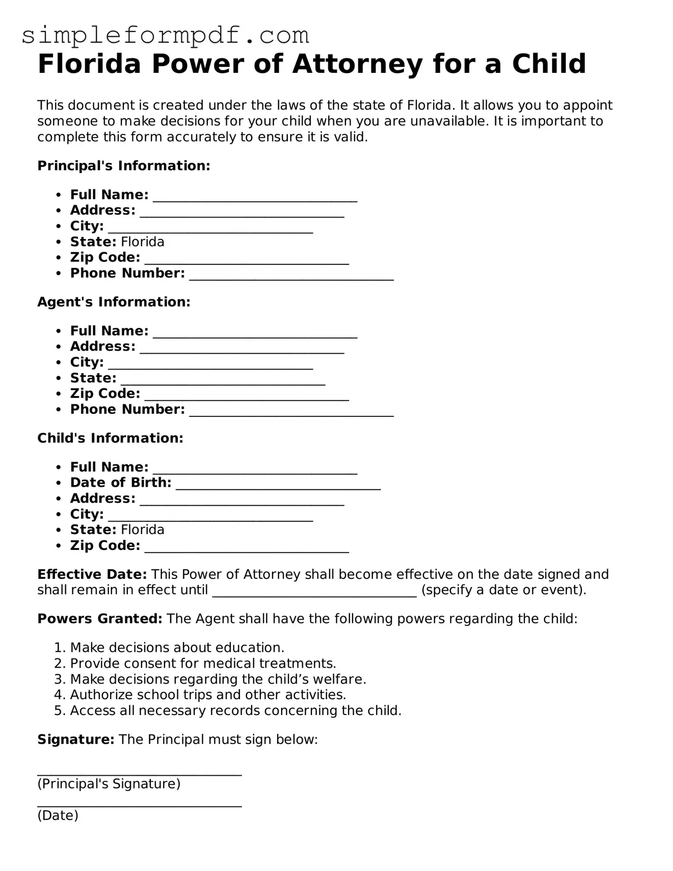 Free Power of Attorney for a Child Form for the State of Florida