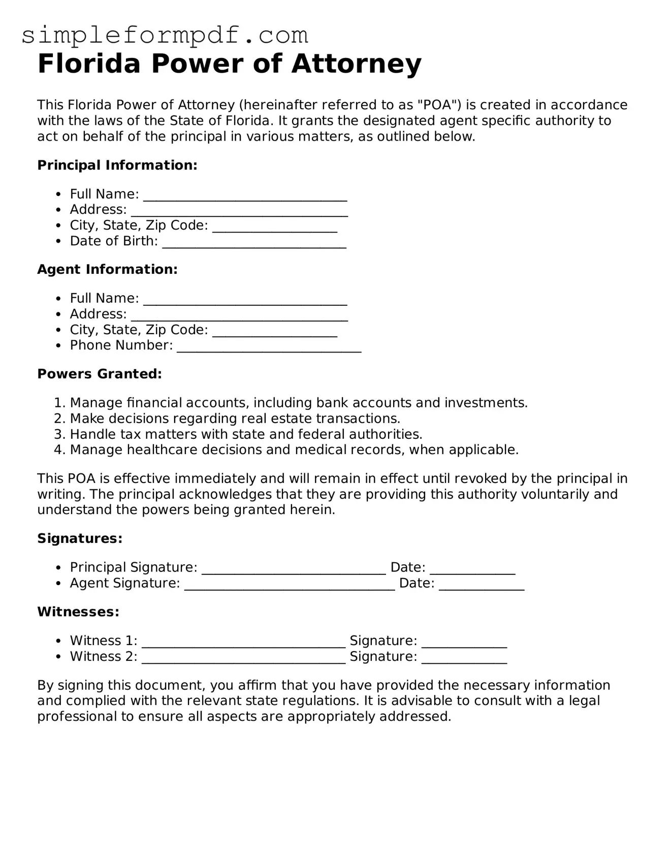 Free Power of Attorney Form for the State of Florida